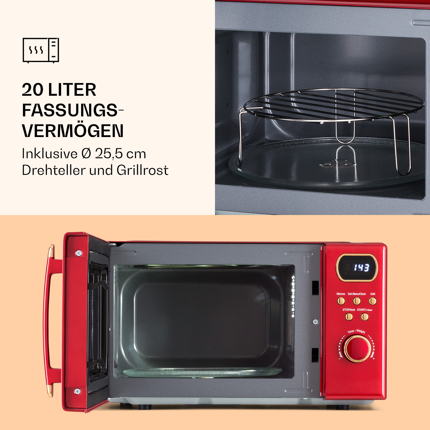 Rote 20L Mikrowelle mit Glasteller, Grillrost, Digitalanzeige und goldenen Knöpfen auf hellem Hintergrund.
