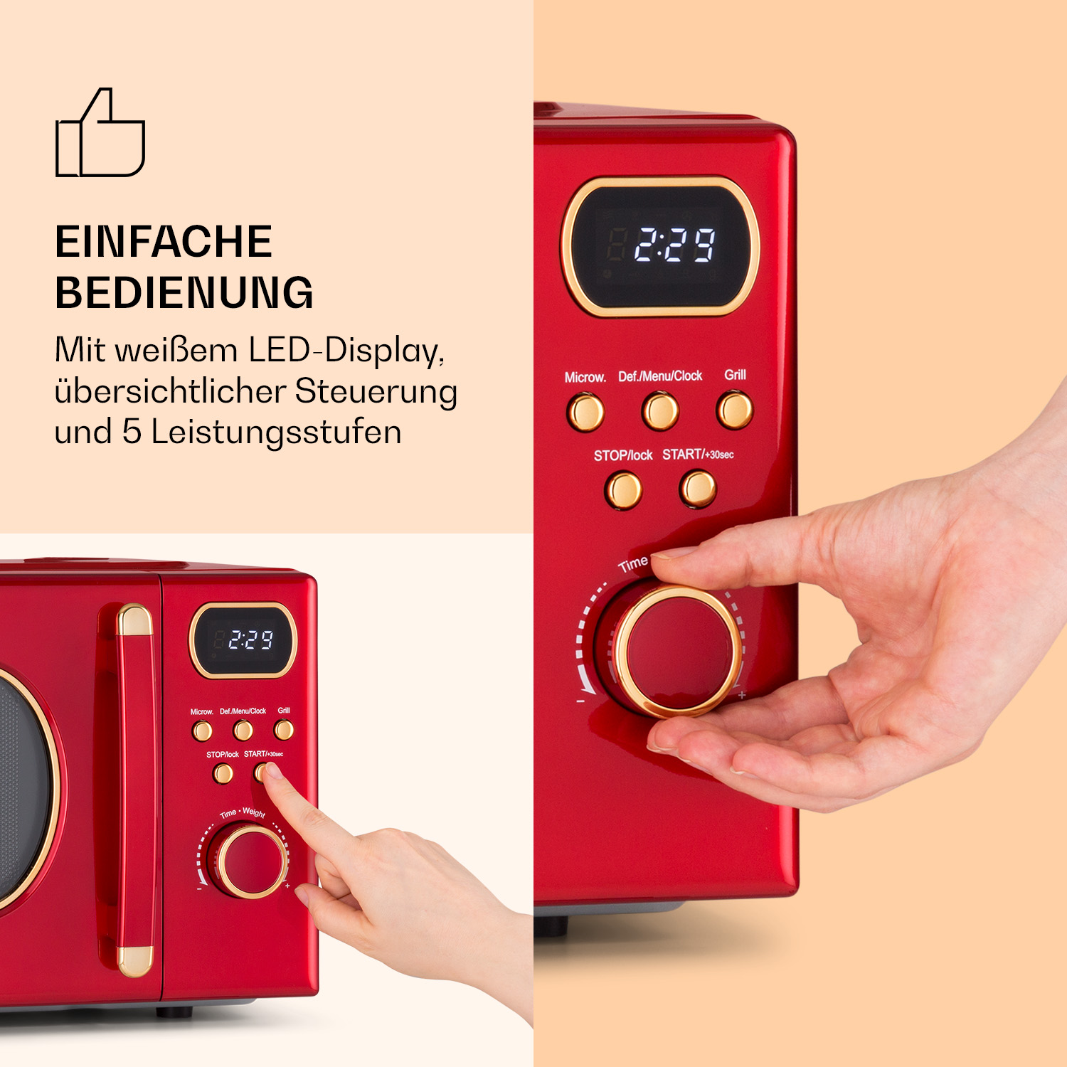 Rote Mikrowelle mit goldenen Akzenten und LED-Display wird von Händen bedient.