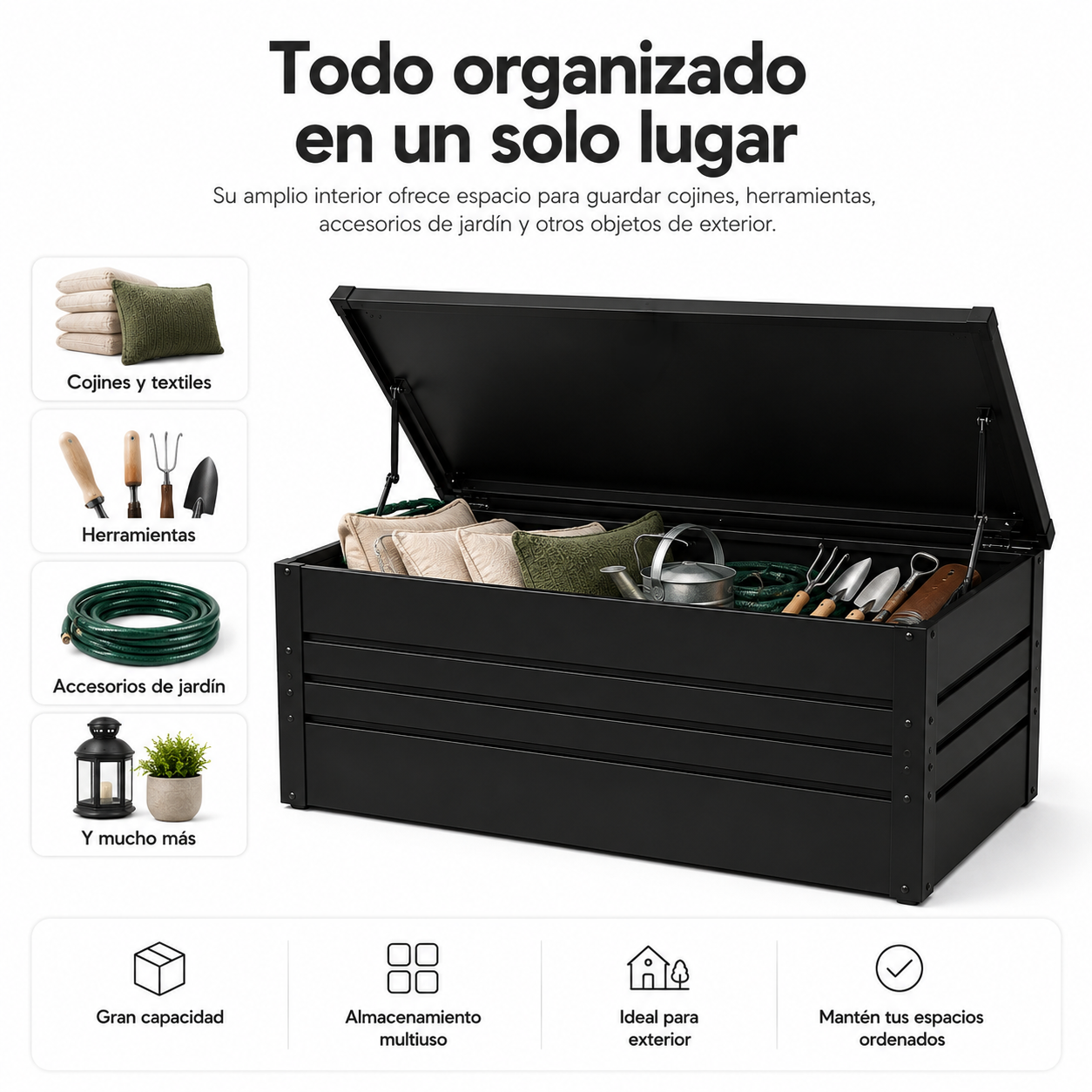 Caja de almacenamiento negra para jardín con tapa abierta, llena de cojines y herramientas, con iconos.