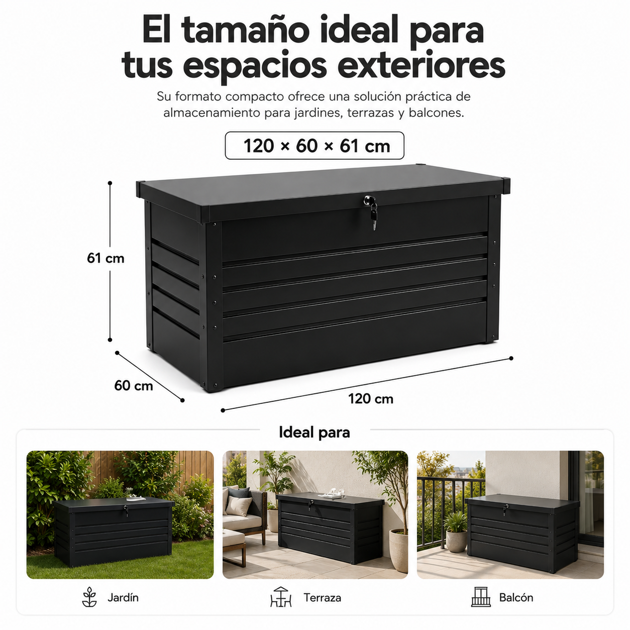 Caja de almacenamiento de metal negro con dimensiones, mostrada en jardín, terraza y balcón.
