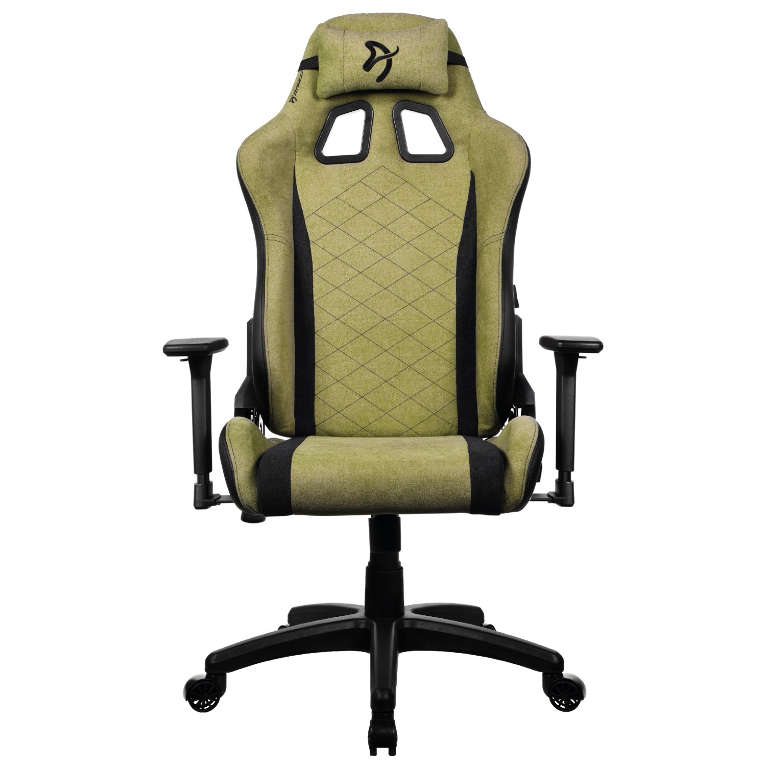 Ein grün-schwarzer Gaming-Stuhl mit hoher Lehne, Kopfstütze, Armlehnen und schwarzem Rollfuss vor weißem Hintergrund.