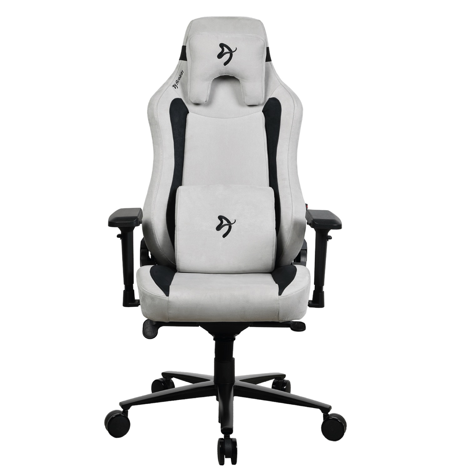 Ein weiß-schwarzer Gaming-Stuhl mit Kopf- und Lendenkissen auf schwarzem Fußkreuz vor weißem Hintergrund.