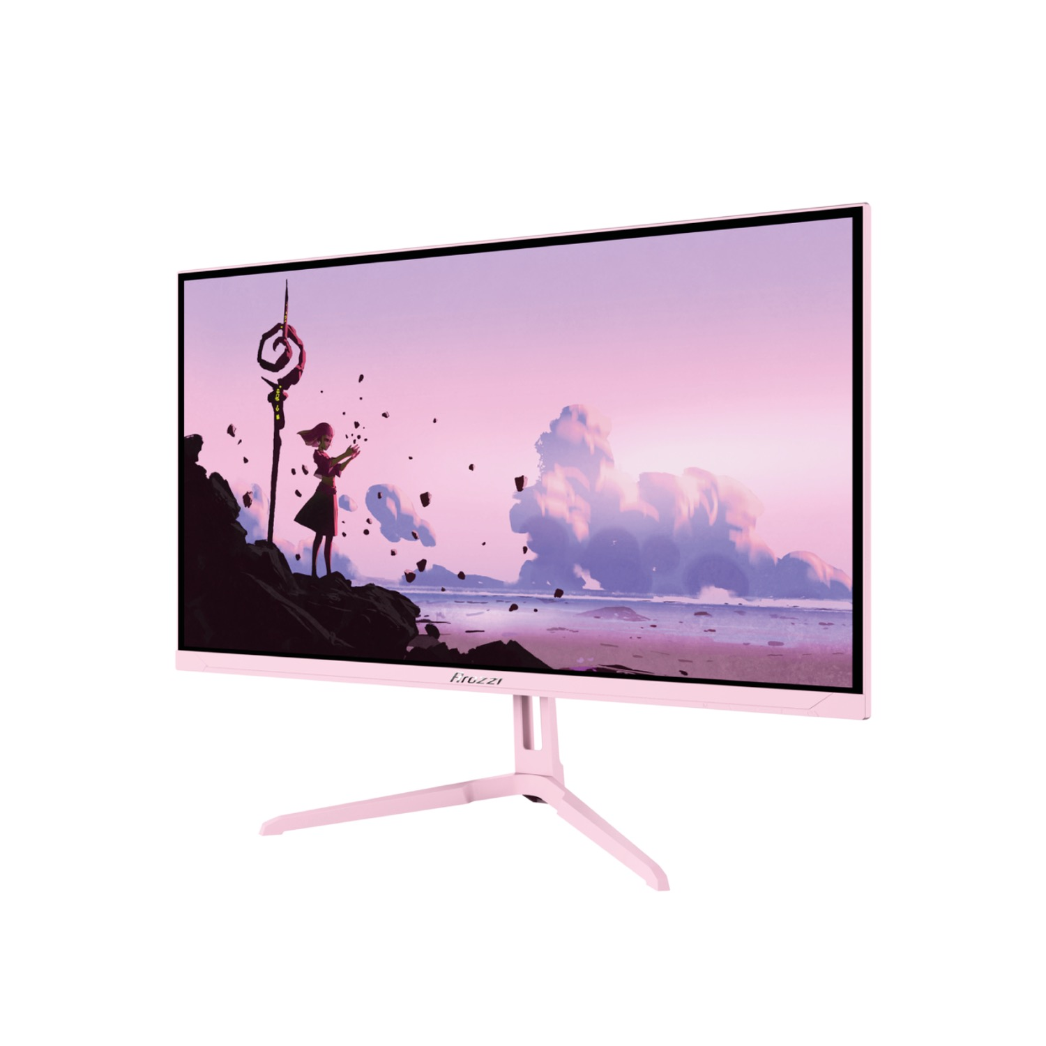 Un monitor de computadora rosa sobre fondo blanco, que muestra un paisaje fantástico con una figura.
