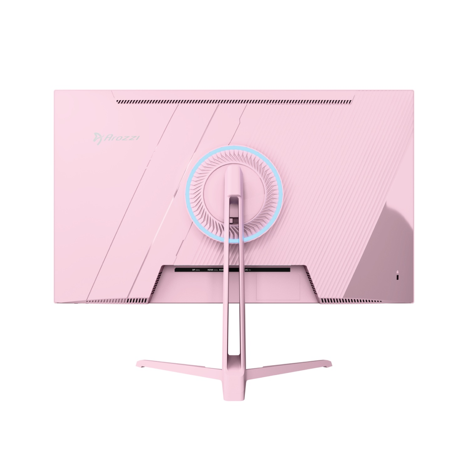 La parte trasera de un monitor rosa con soporte e iluminación de anillo azul.