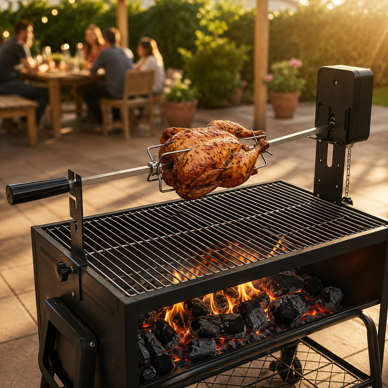Un pollo dorado se asa en un asador sobre carbones calientes en una barbacoa, con una fiesta en el jardín al fondo.