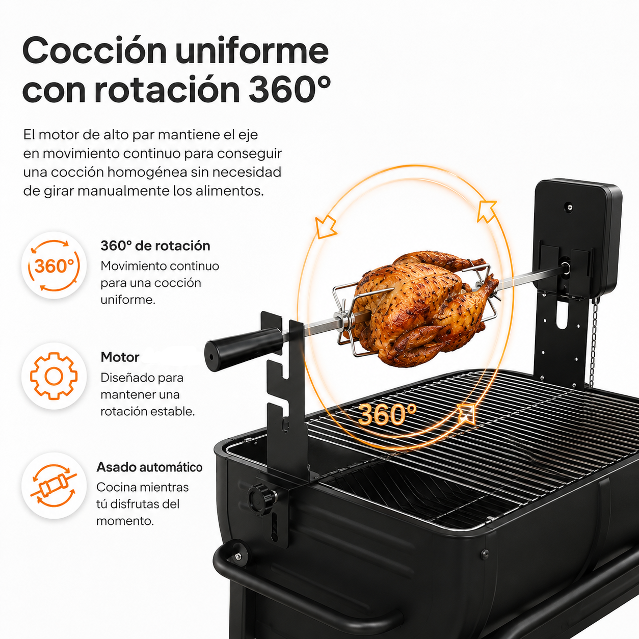 Un asador automático gira un pollo entero 360 grados sobre la parrilla.