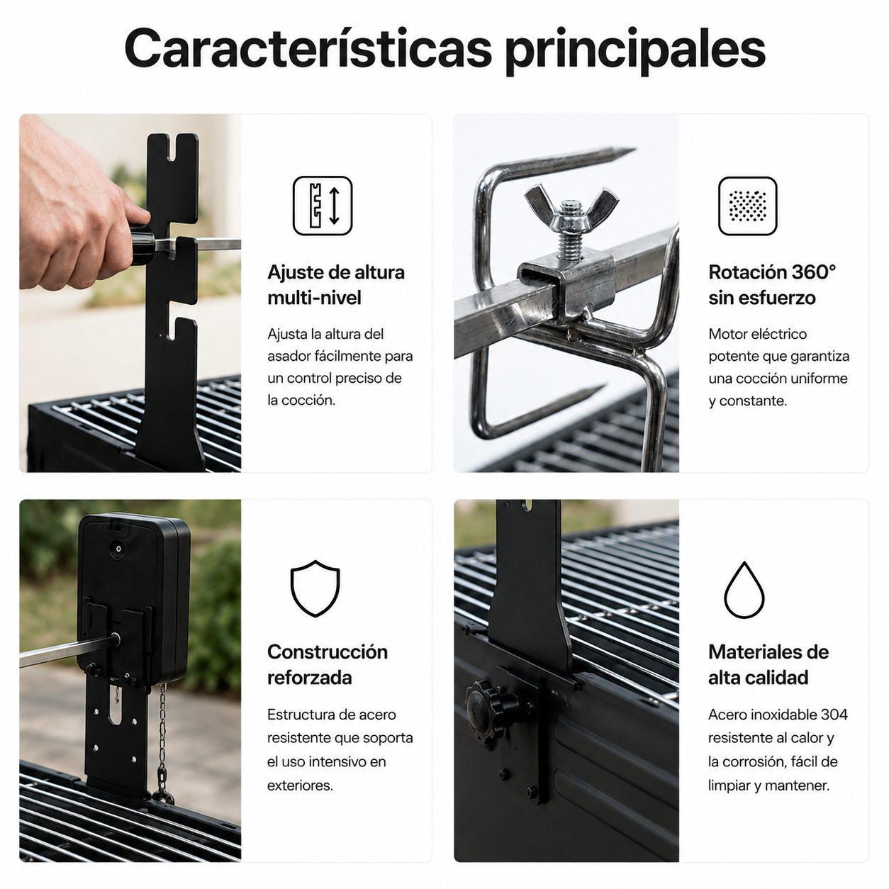 Cuatro imágenes muestran características de un asador: ajuste de altura, giro de 360 grados, construcción y acero.
