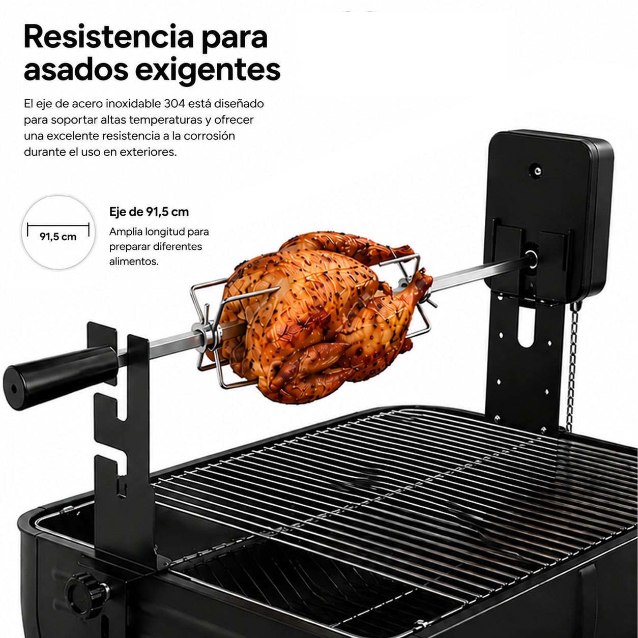 Un asador motorizado con un pollo asado sobre una parrilla de carbón negra, con texto descriptivo en español.