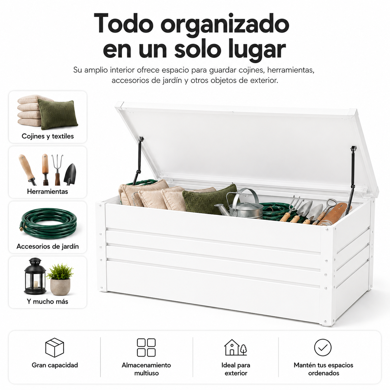 Caja de almacenamiento blanca con tapa abierta, llena de cojines, herramientas y manguera.