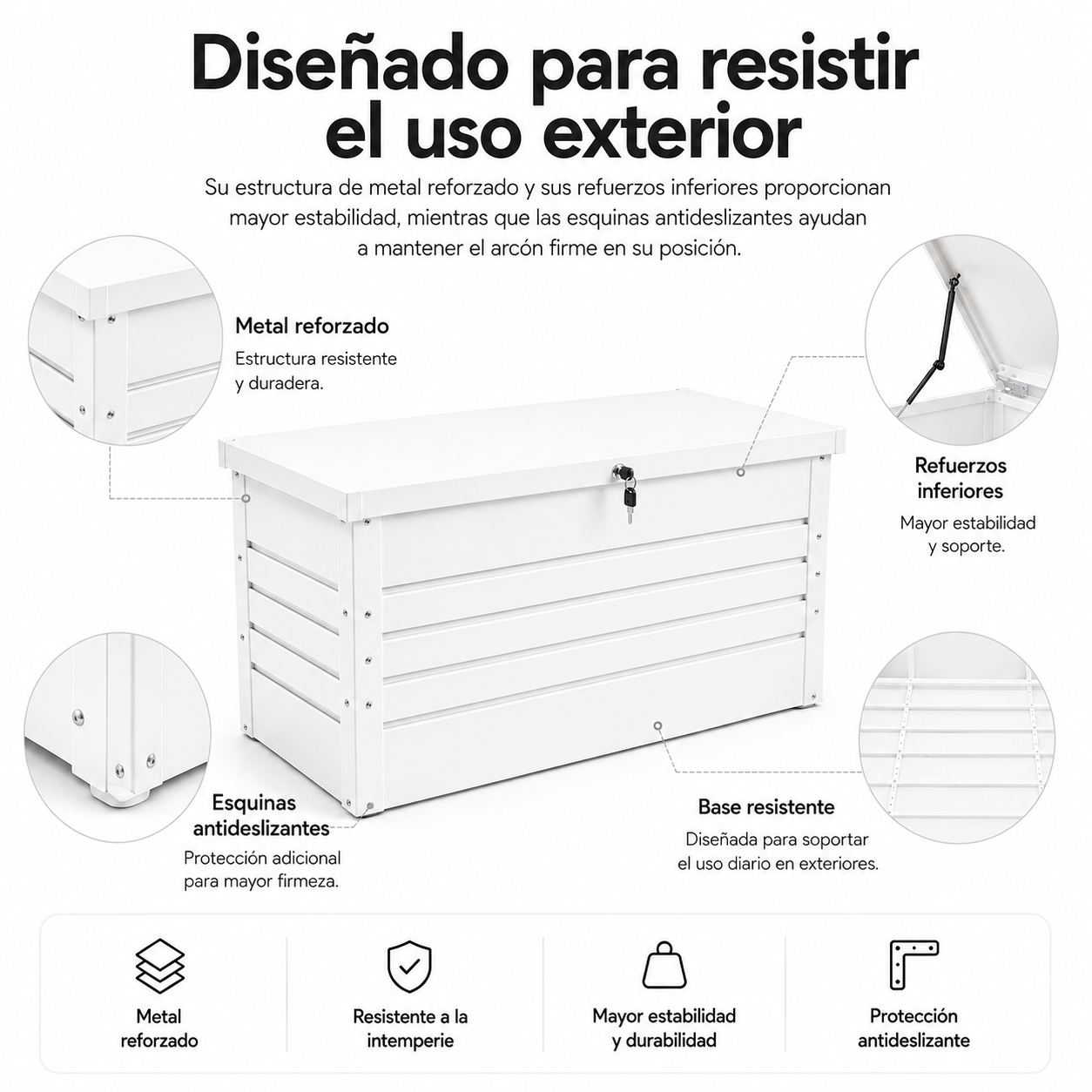 Arcón exterior de metal blanco con cerradura, esquinas reforzadas y detalles resistentes a la intemperie.