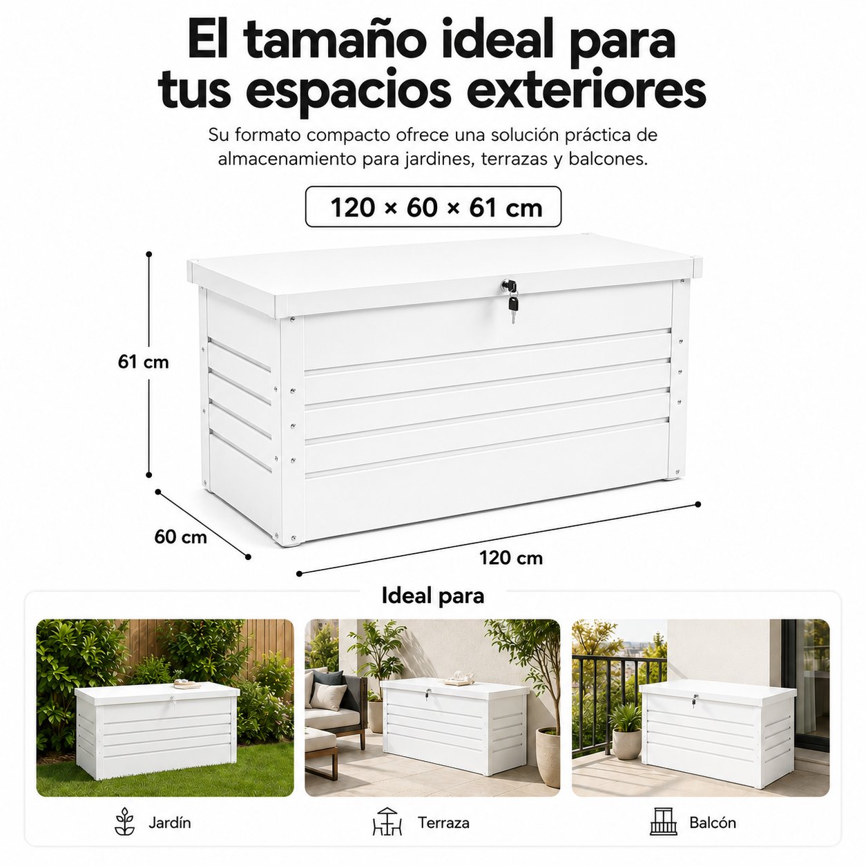 Baúl de almacenamiento blanco con dimensiones e imágenes que muestran su uso en jardín, terraza y balcón.