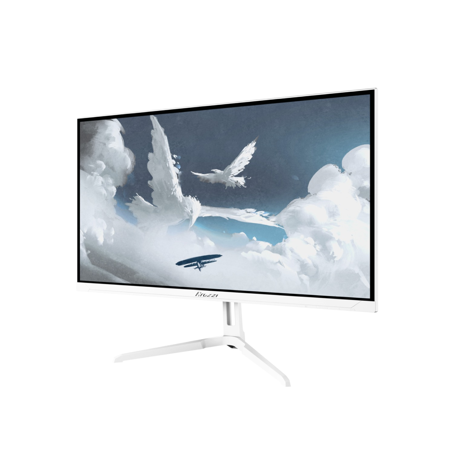 Un monitor curvo blanco muestra una pintura de pájaros blancos y un avión entre nubes.