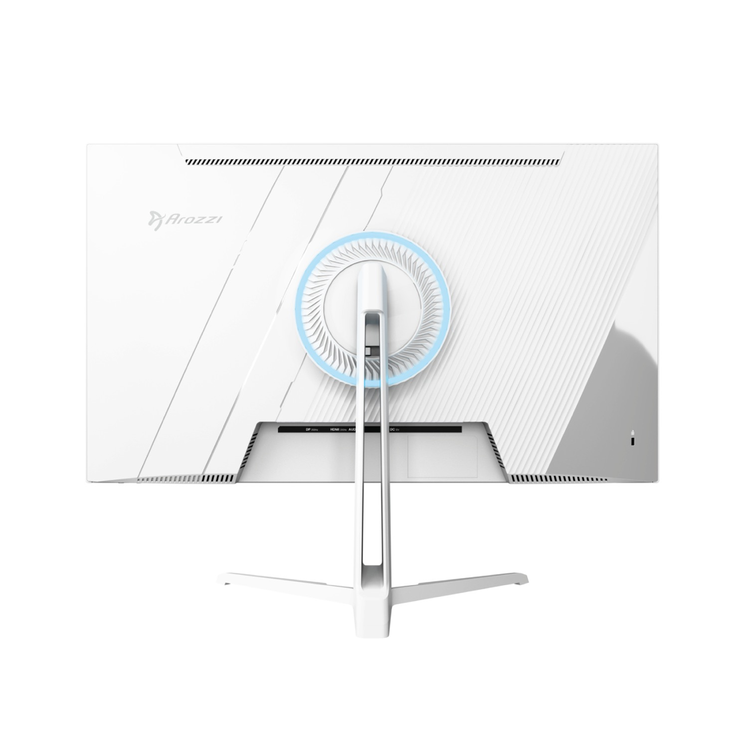 La parte trasera de un monitor Arozzi blanco con soporte y luz azul.