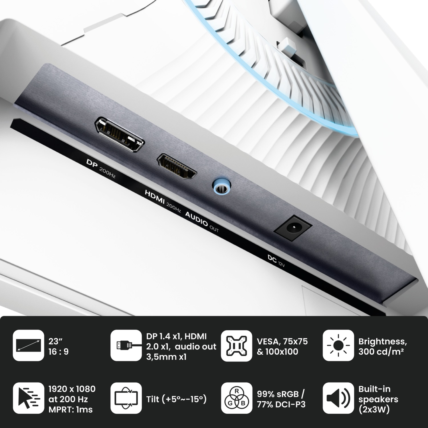 Puertos traseros de un monitor blanco con DP, HDMI, audio y corriente, con iconos de especificaciones debajo.