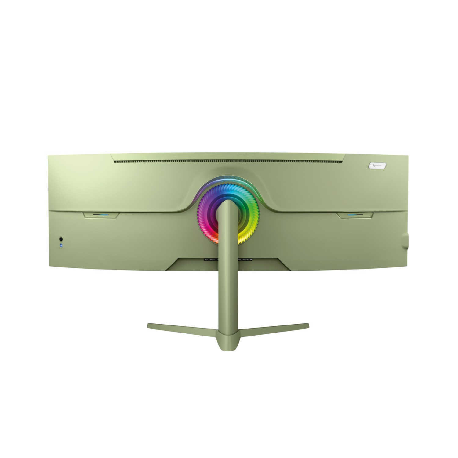 Widok z tyłu zielonego zakrzywionego monitora z podświetlanym pierścieniem RGB na stojaku na białym tle.