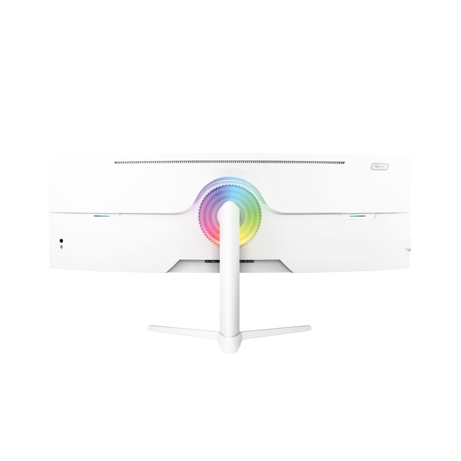 Widok z tyłu białego zakrzywionego monitora ze świecącym pierścieniem RGB wokół mocowania podstawki na białym tle.