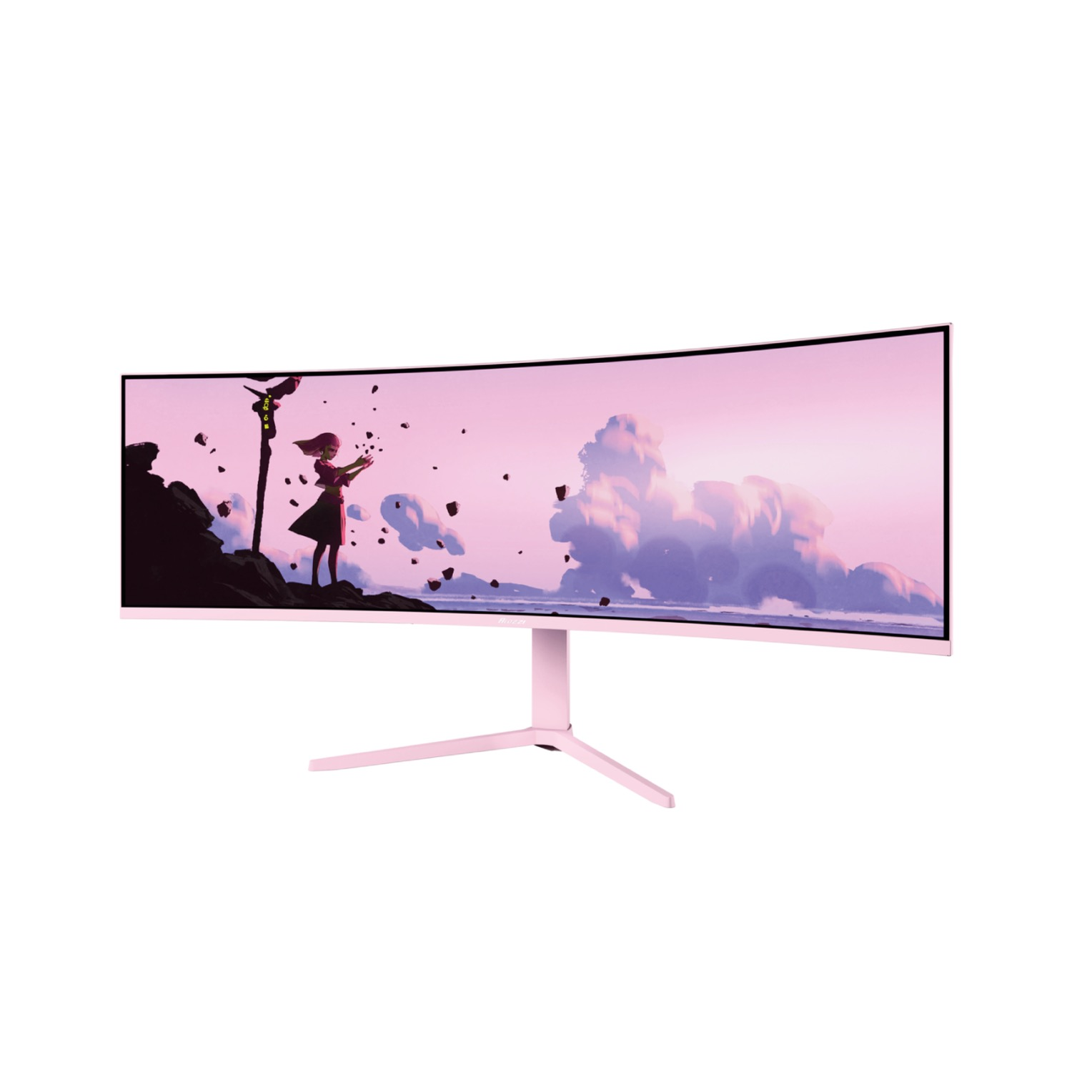 Szeroki, zakrzywiony różowy monitor wyświetla różowy pejzaż anime z postacią na brzegu.