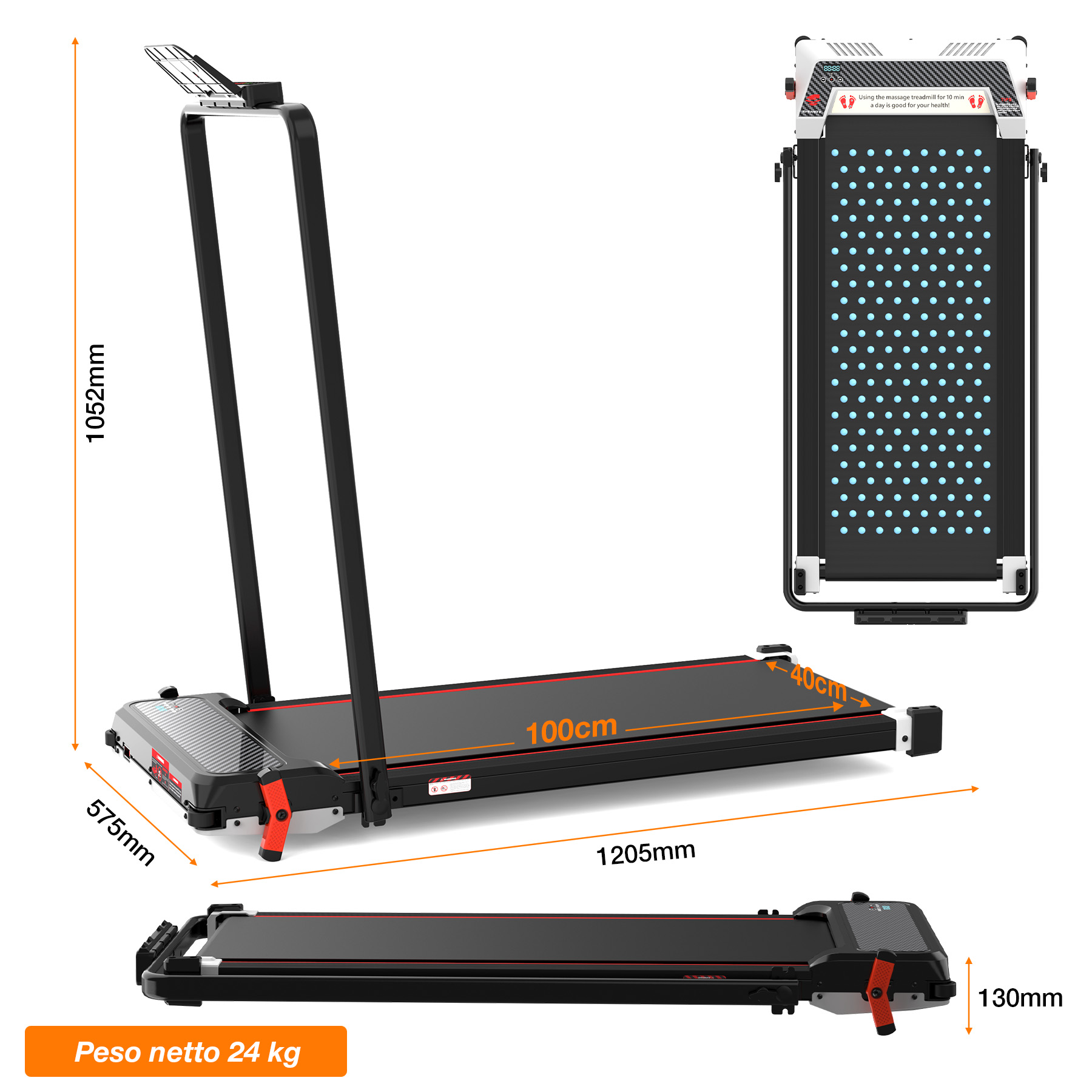 Tapis roulant con dimensioni, peso 24kg, in posizione eretta, piatta e vista dall'alto.