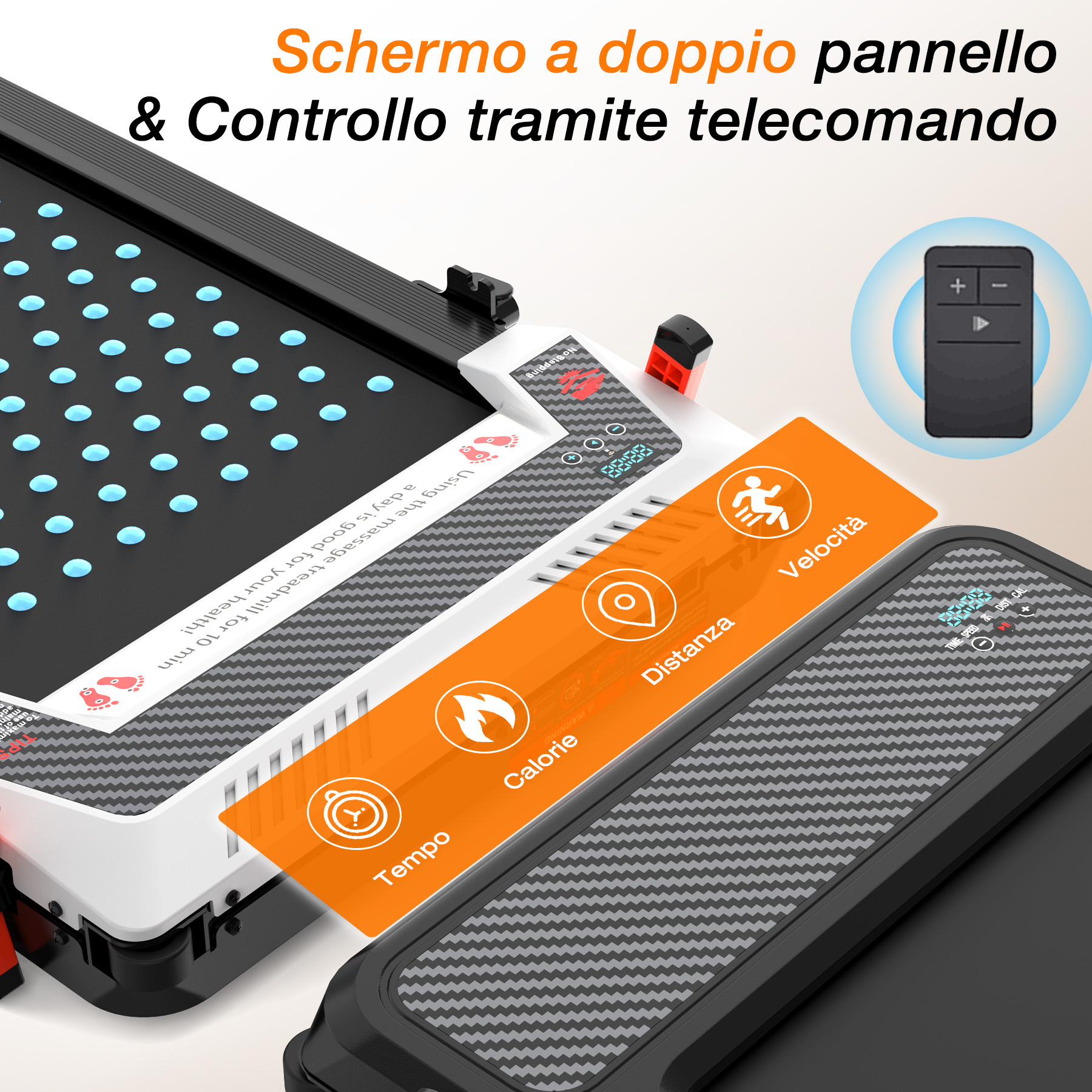 Macchina fitness con telecomando, display digitale e funzione massaggio per tempo, calorie, distanza e velocità.