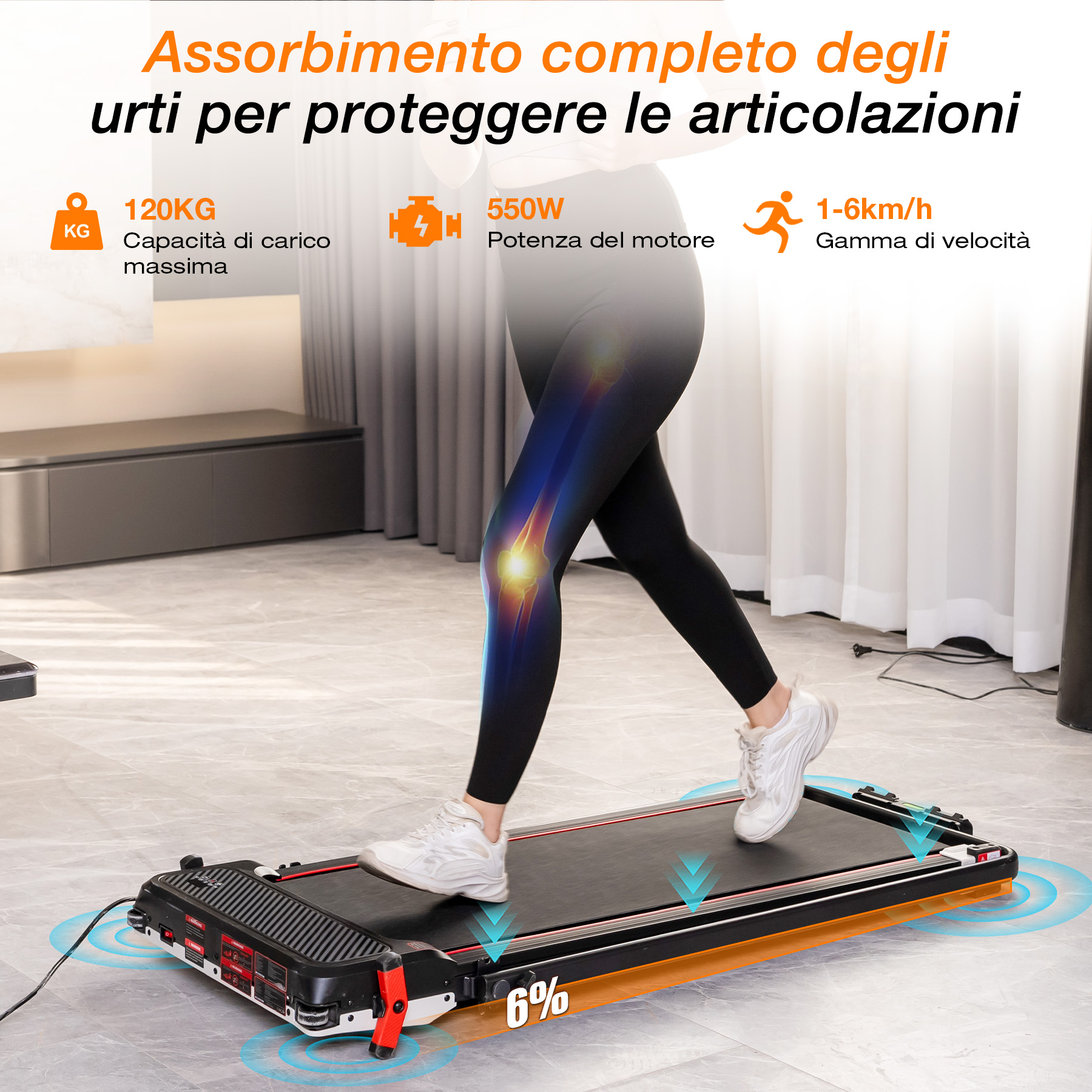 Persona che cammina su un tapis roulant compatto con dettagli su assorbimento urti e specifiche.