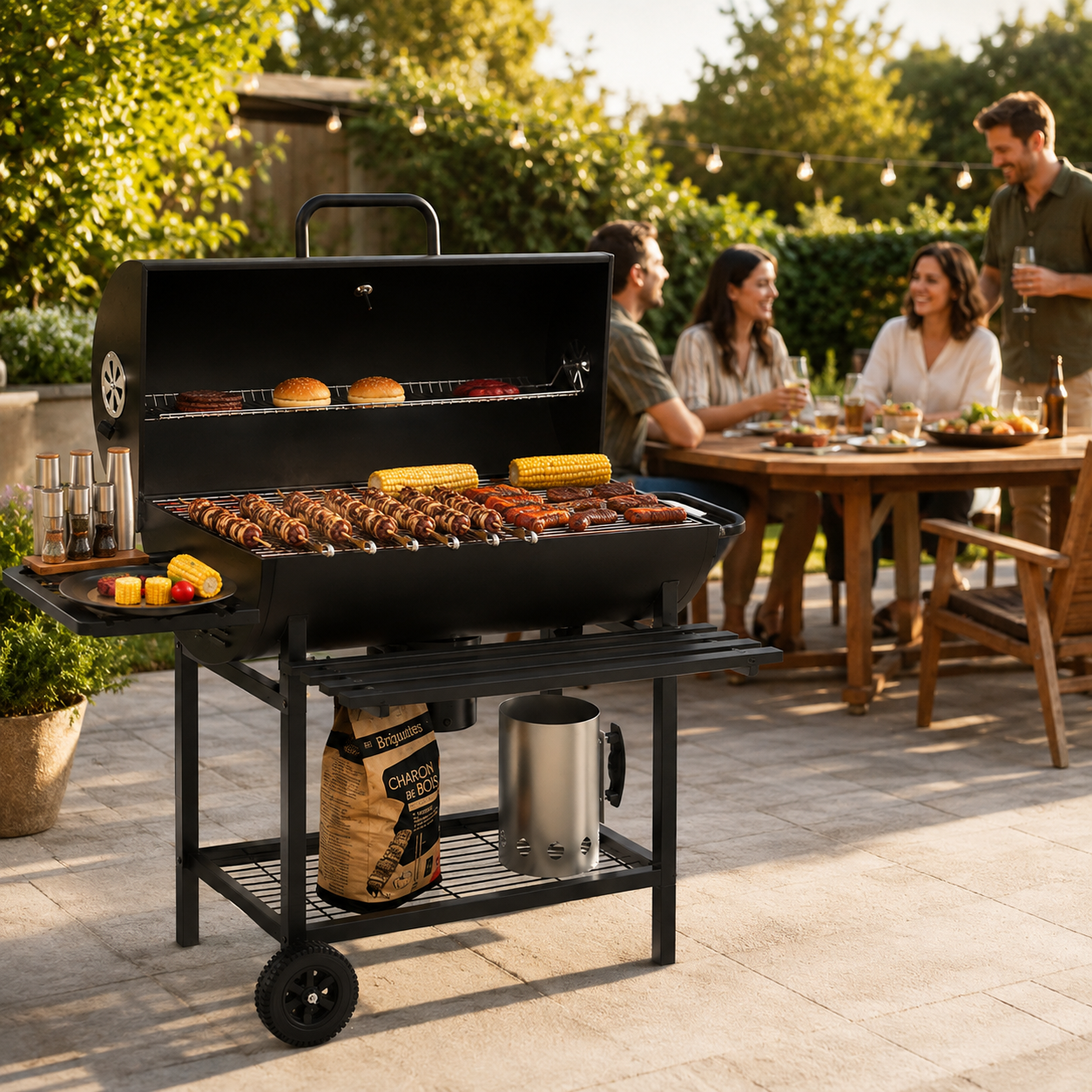 Una gran parrilla negra con carne y maíz en un patio soleado, con un grupo de amigos charlando en una mesa.
