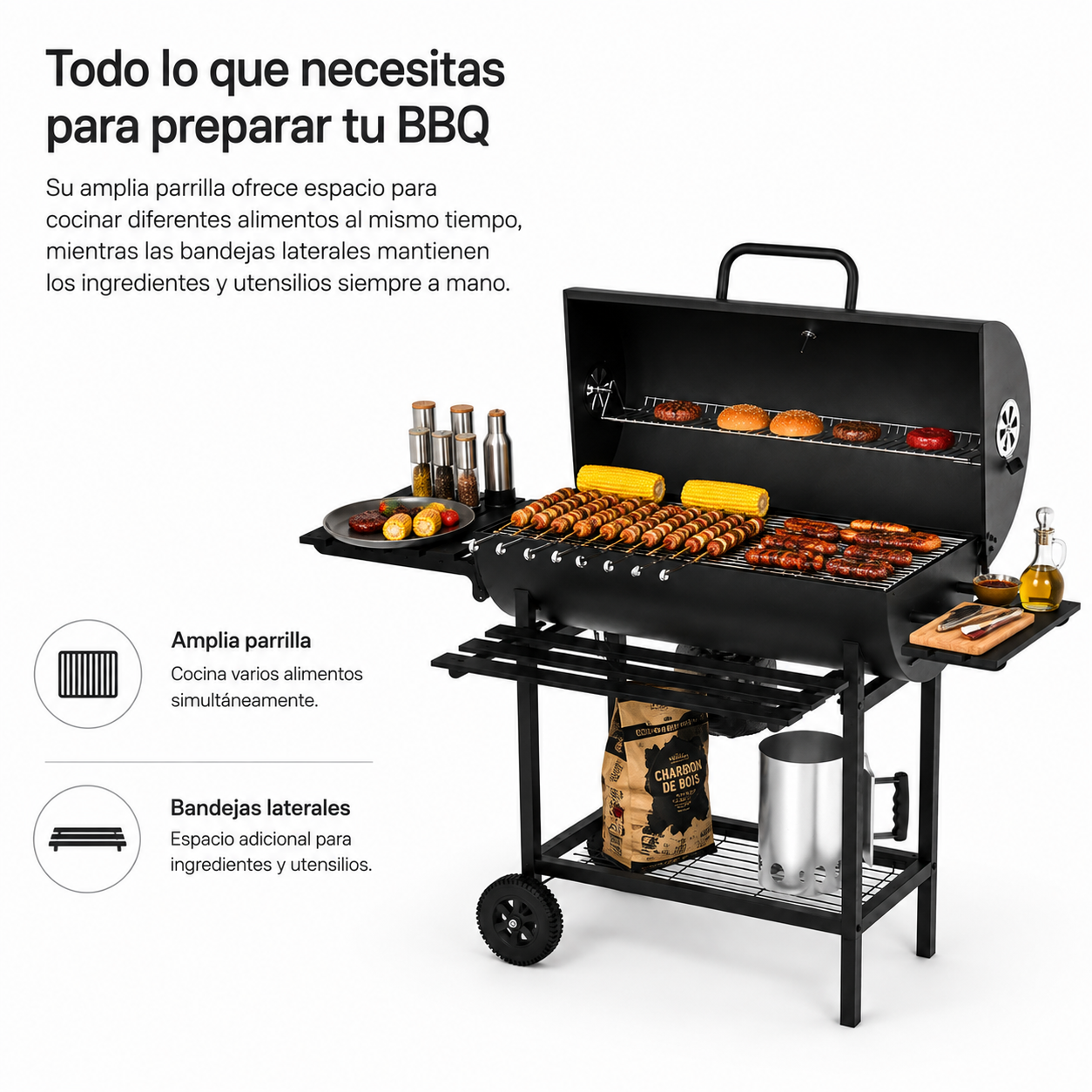 Una barbacoa de carbón negra con tapa abierta, llena de carne y maíz, con estantes laterales y texto en español.