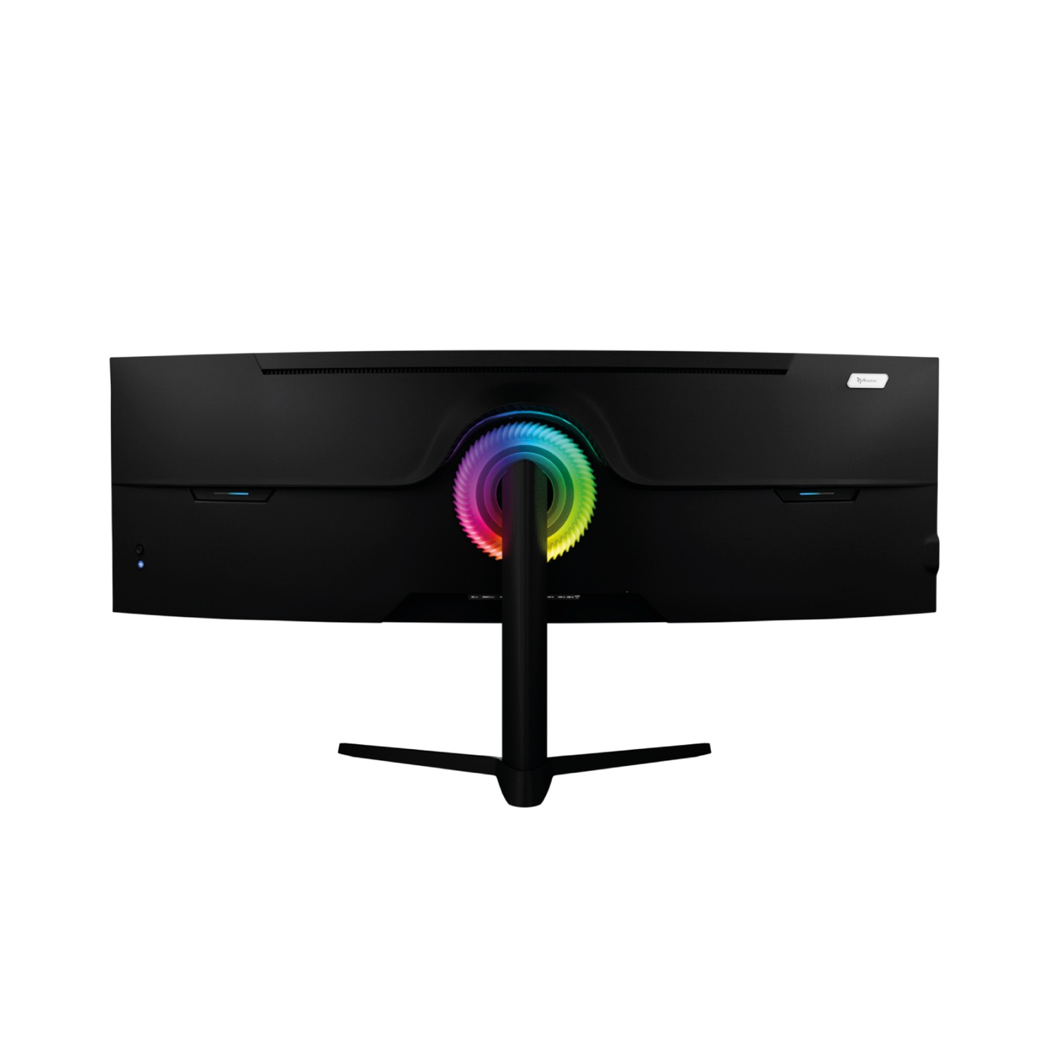 Tył zakrzywionego czarnego monitora dla graczy z okrągłym pierścieniem świetlnym RGB.