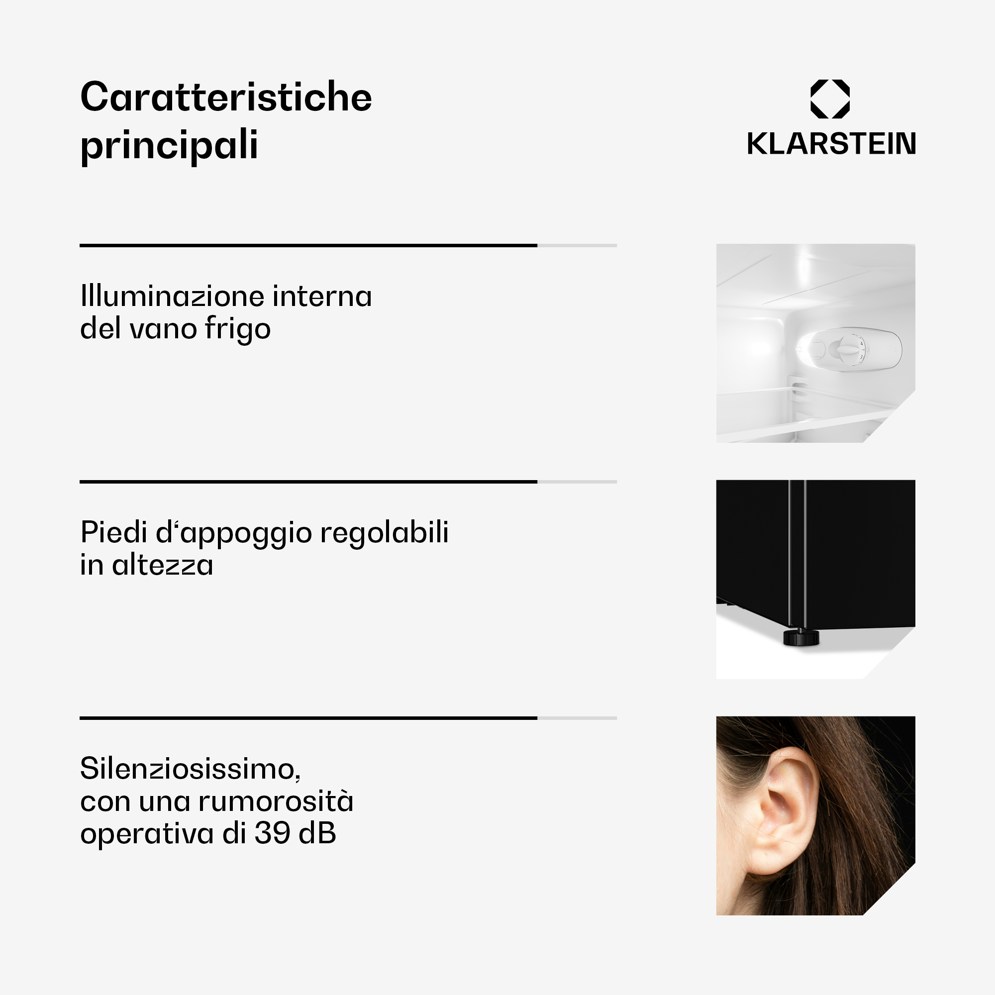 Características del frigorífico Klarstein: iluminación interior, patas ajustables y silencio de 39 dB.