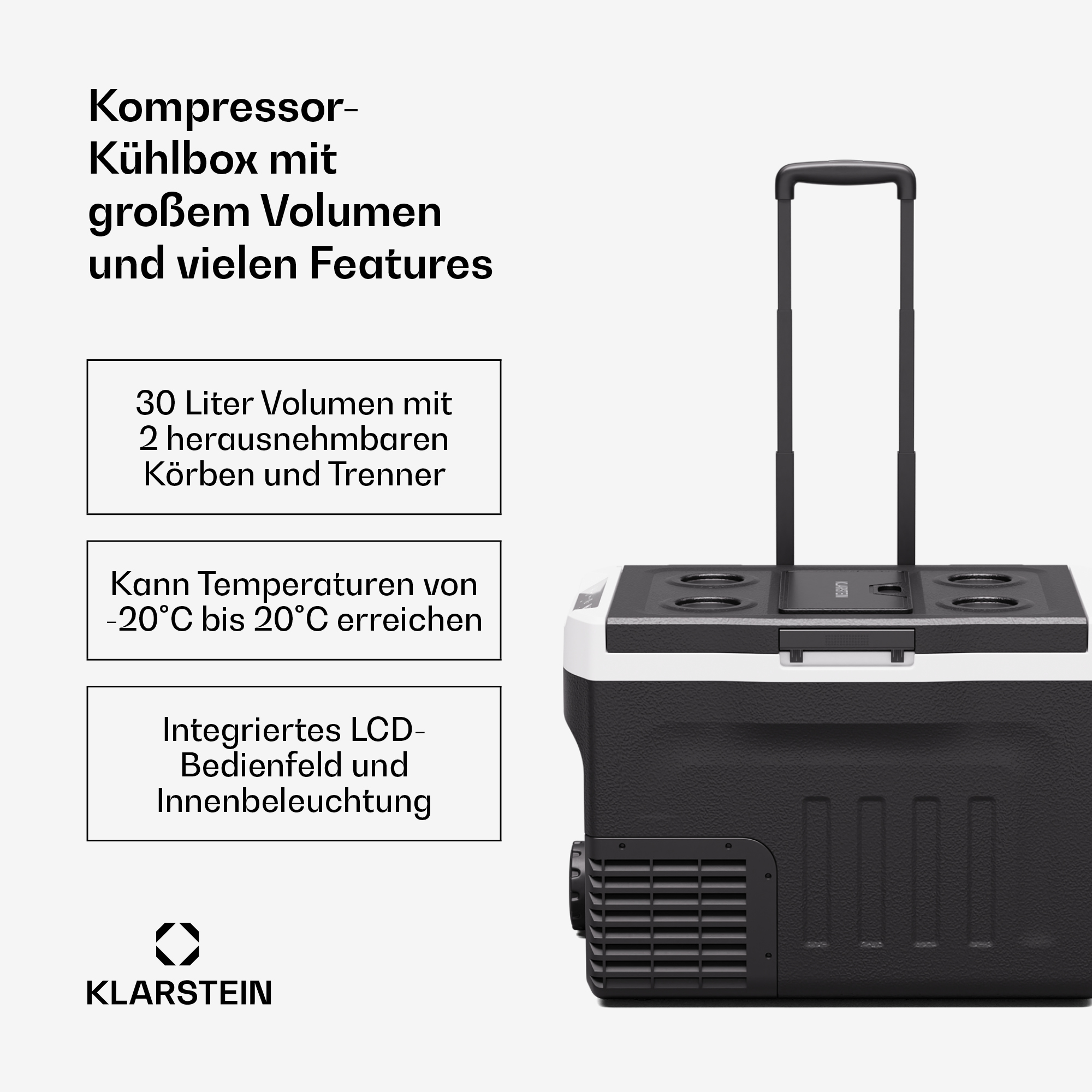 Eine schwarz-weiße Klarstein Kompressor-Kühlbox mit Ziehgriff und Text auf der linken Seite.