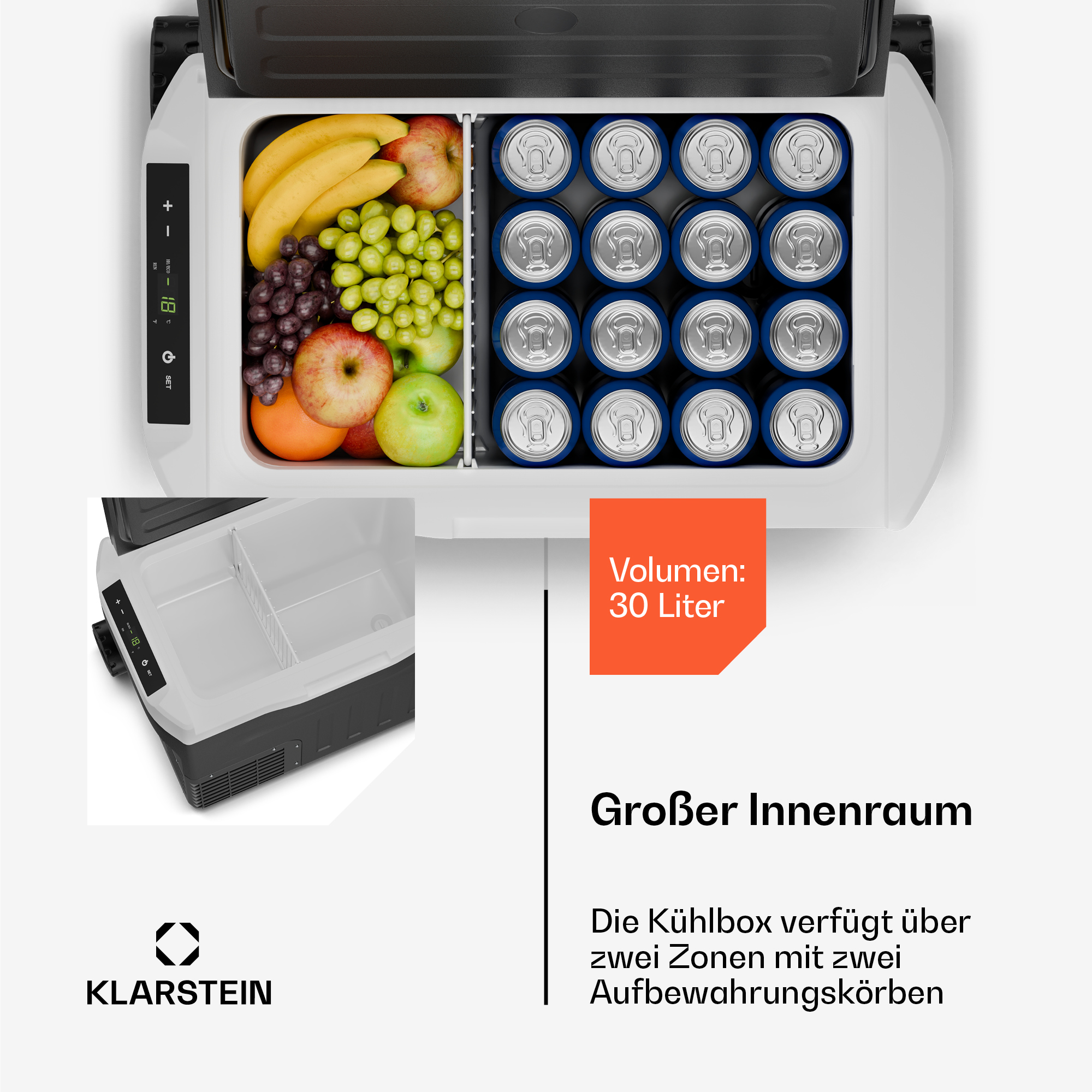 Offene 30-Liter-Kühlbox mit zwei Zonen gefüllt mit Früchten und Getränkedosen.