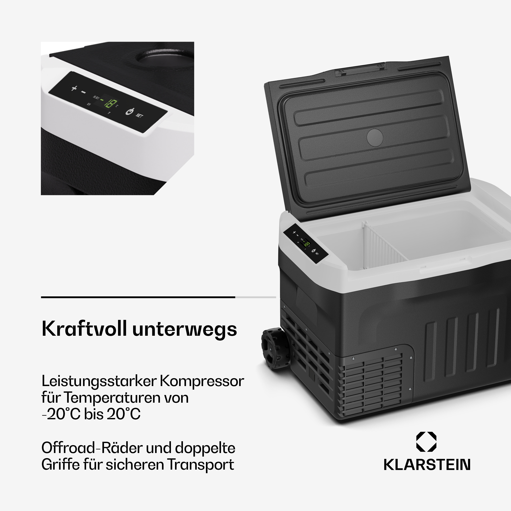 Eine schwarze mobile Kompressor-Kühlbox mit offenem Deckel und digitaler Temperaturanzeige.