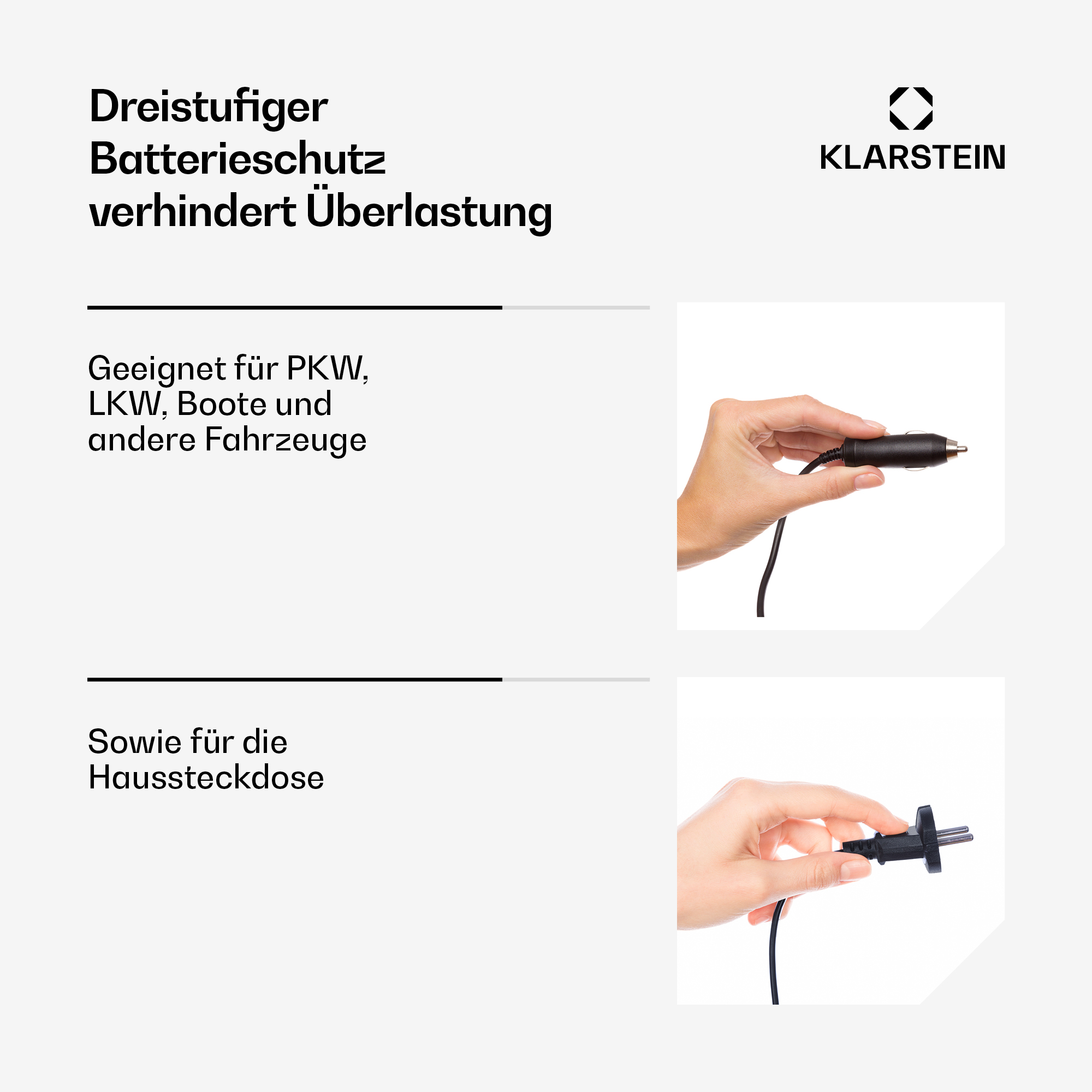 Klarstein Batteriseschutz-Werbung mit Händen, die einen Auto- und Steckdosenstecker halten.