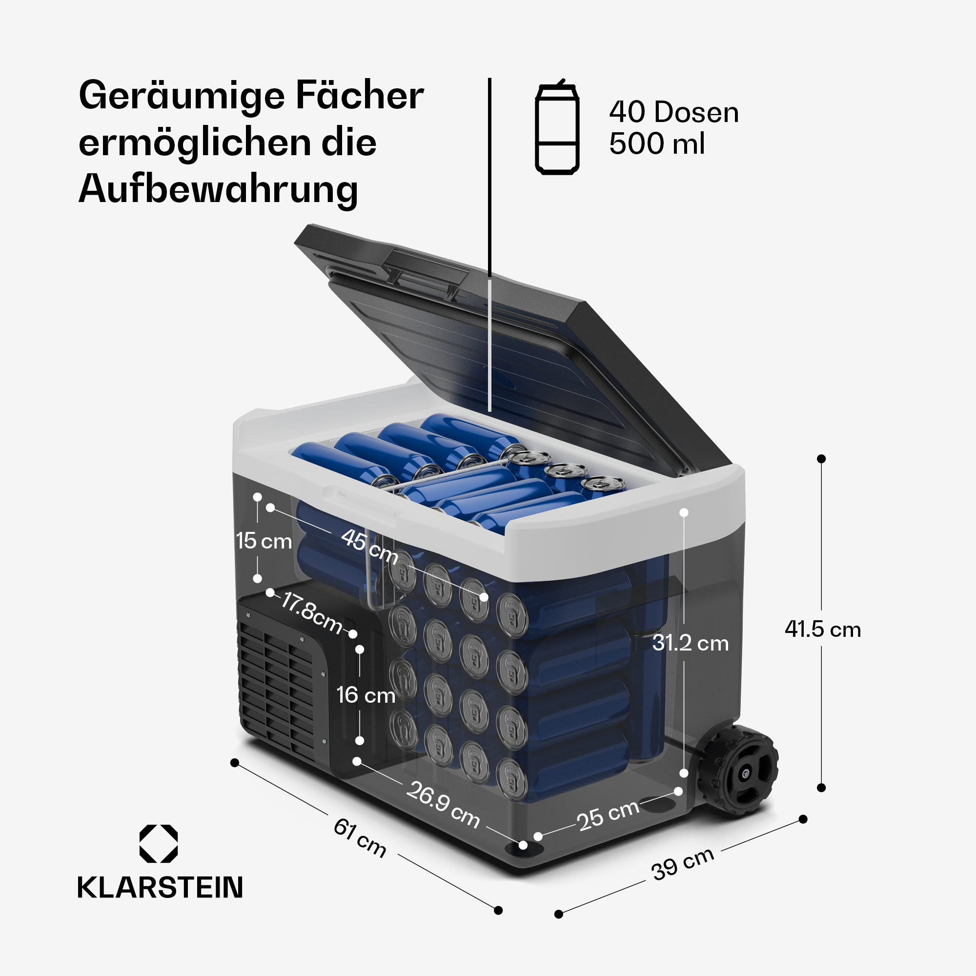 Eine offene Kühlbox von Klarstein mit Maßen und blauen Dosen gefüllt, zeigt Raum für 40 Dosen.