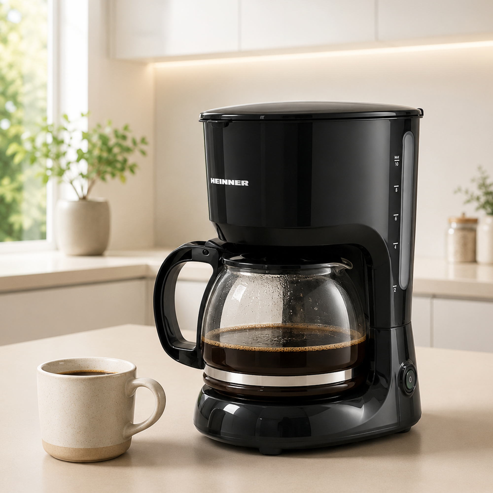 A black drip coffee maker on a counter next to a mug of coffee in a bright kitchen.