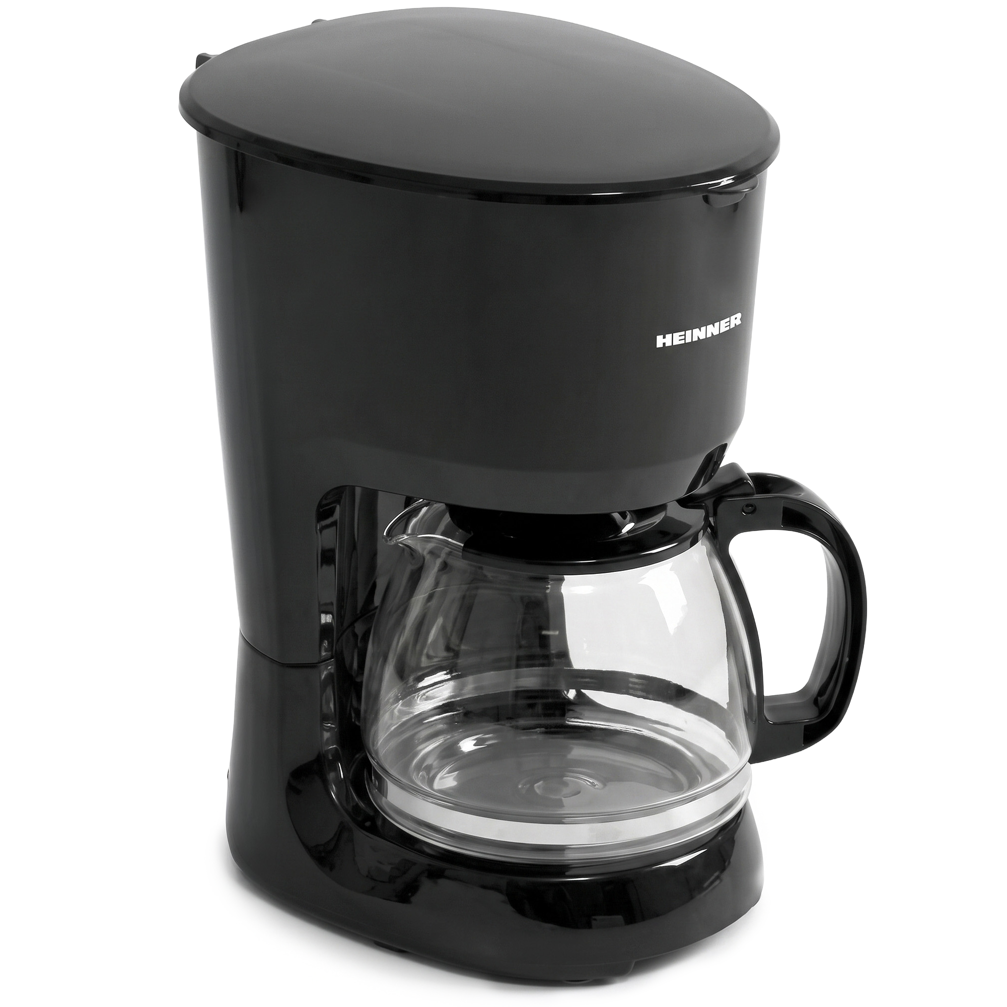 A black drip coffee maker with a glass carafe stands on a white background.