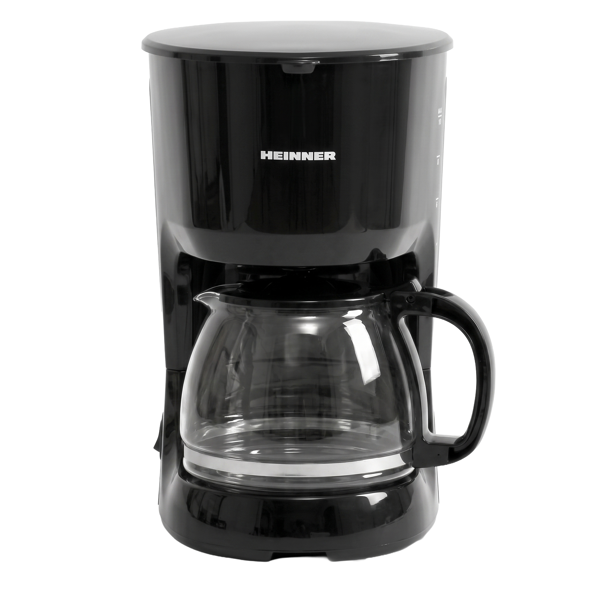 Black Heinner drip coffee maker with a glass carafe against a white background.