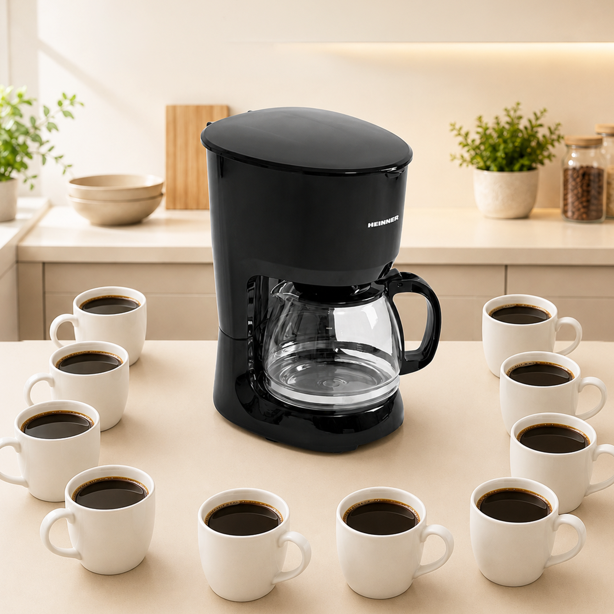 A black coffee maker stands on a kitchen counter, surrounded by ten white mugs filled with dark coffee.