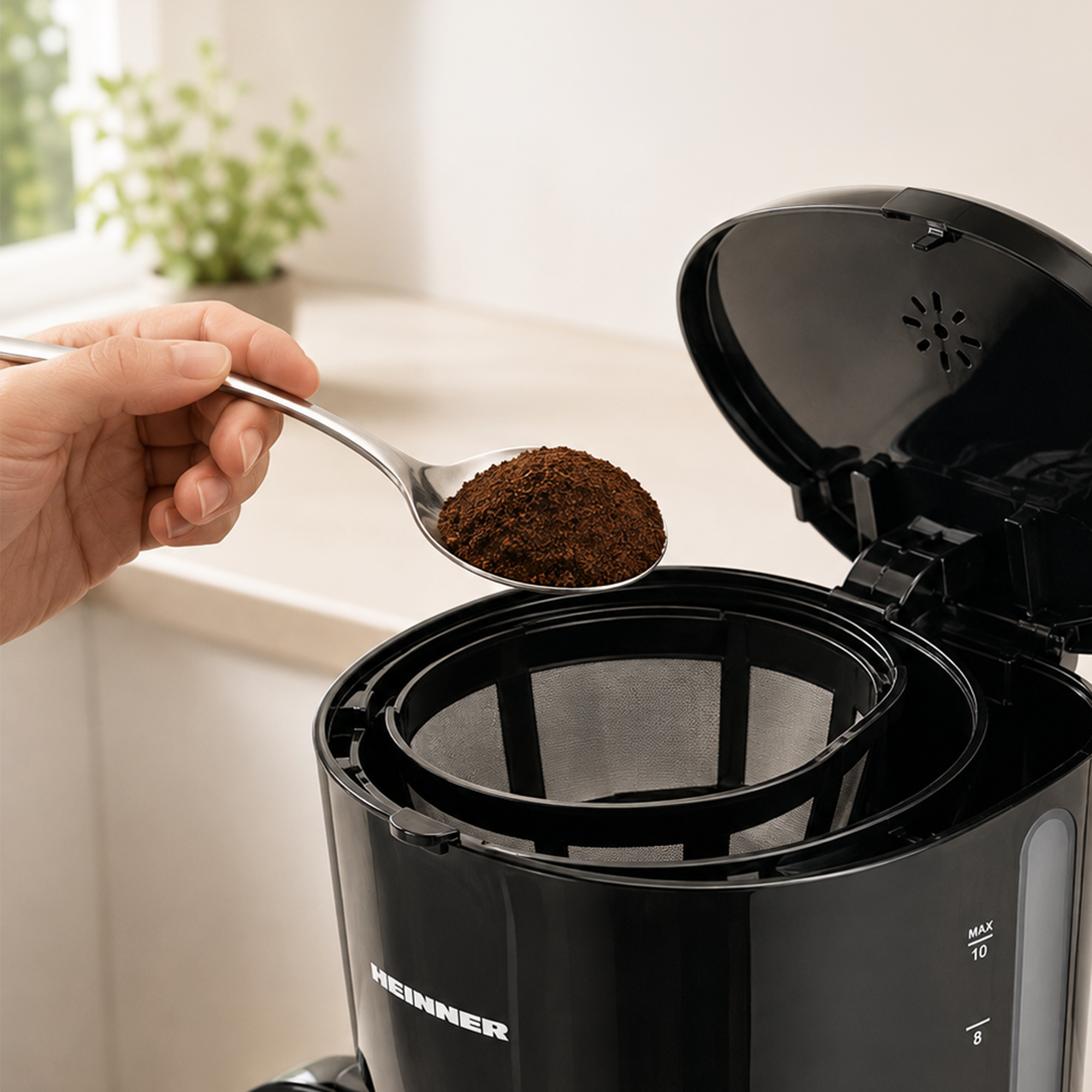 A hand holds a spoon of ground coffee over a black coffee maker filter.