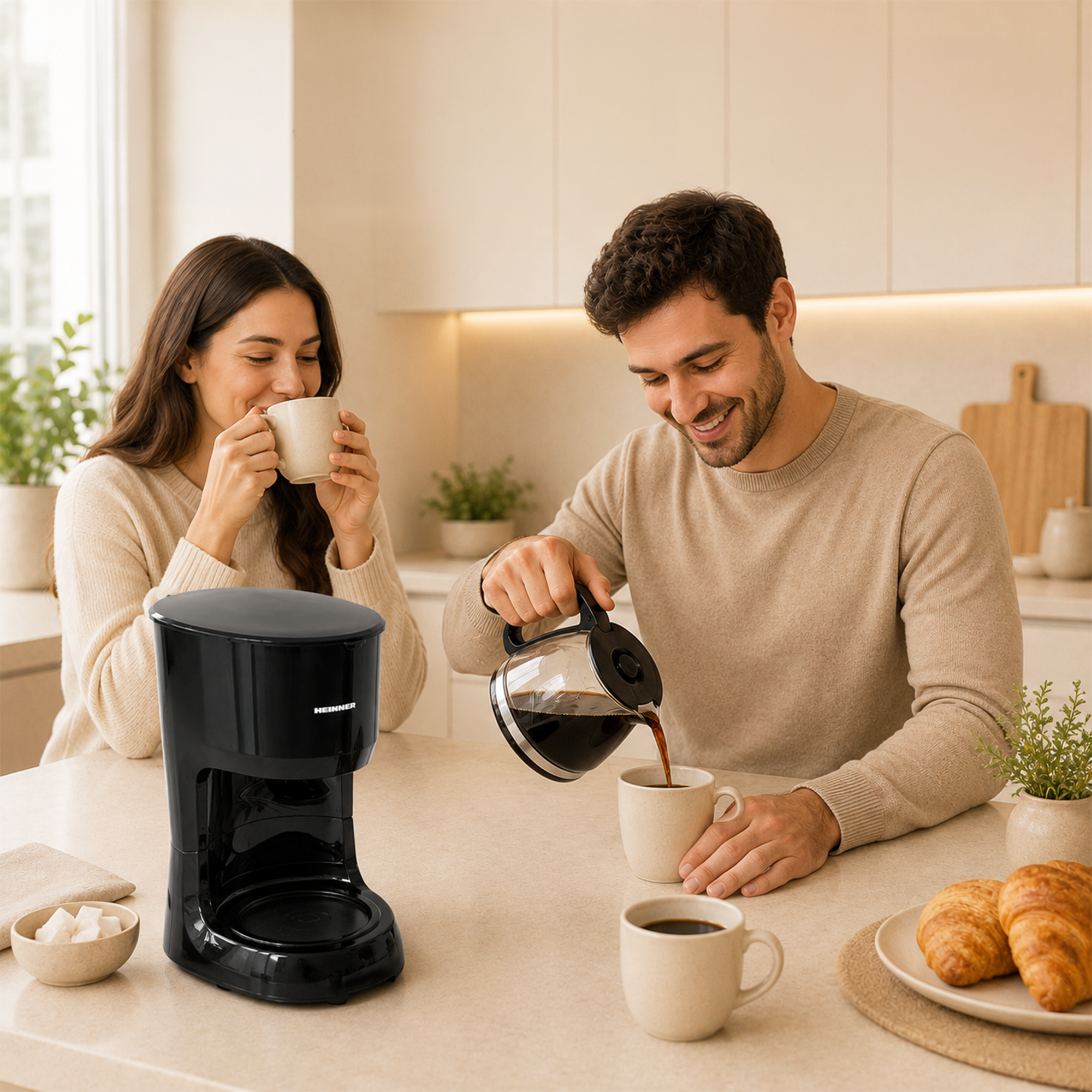 A man pours coffee into a mug while a woman drinks from another mug nearby in a bright, modern kitchen.