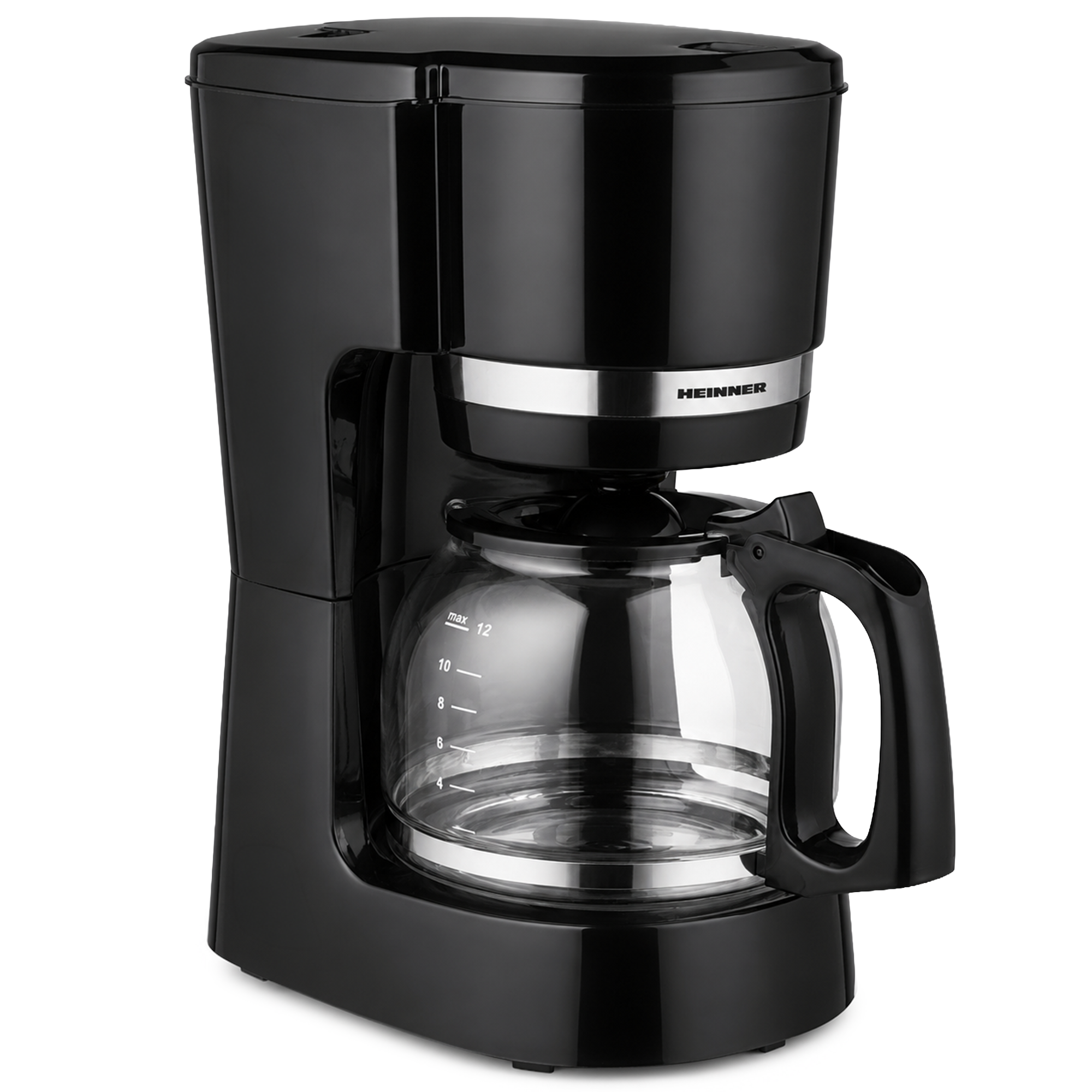 Black Heinner drip coffee maker with a glass carafe and silver trim on a white background.
