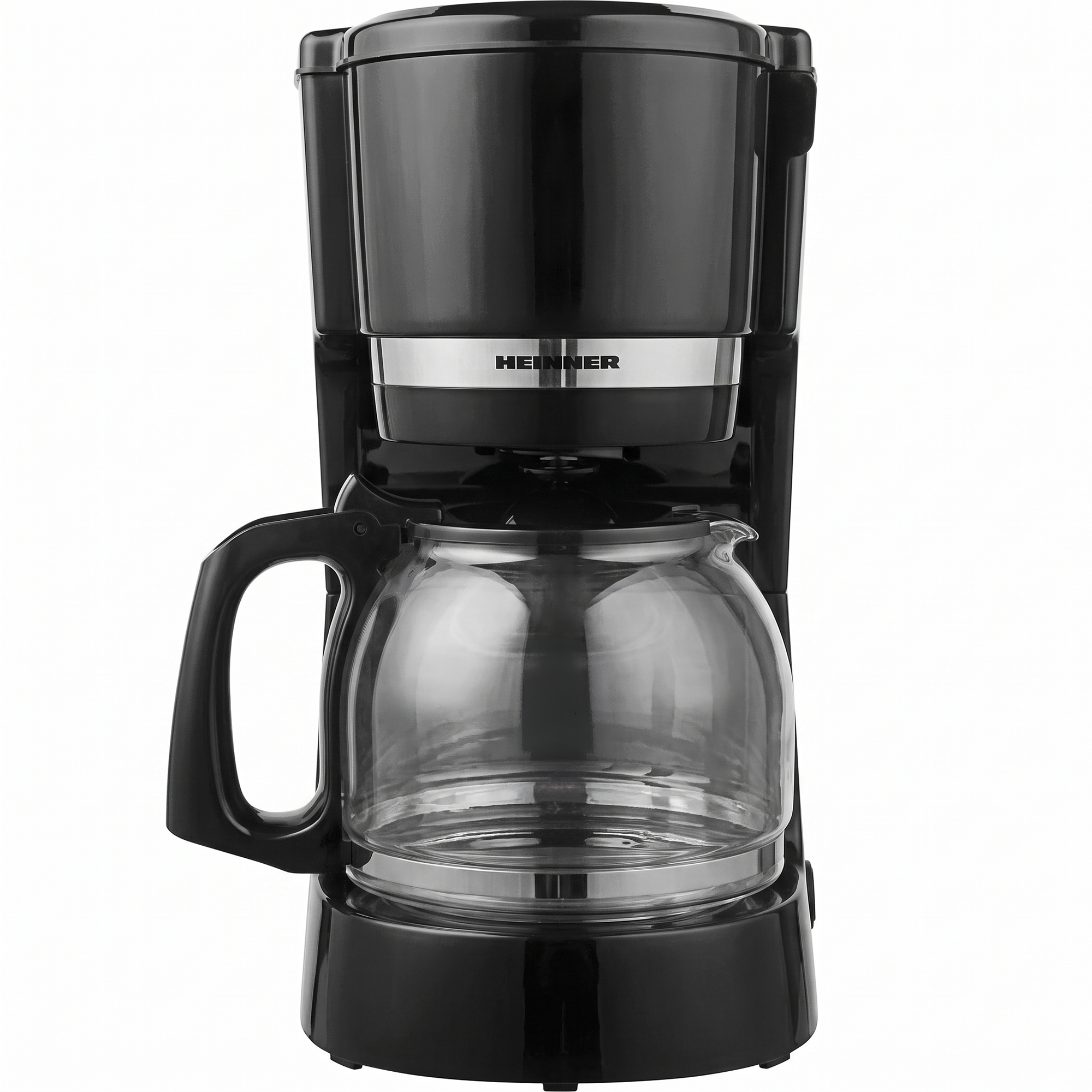 A black drip coffee maker with a glass carafe and silver Heinner brand accent on a white background.