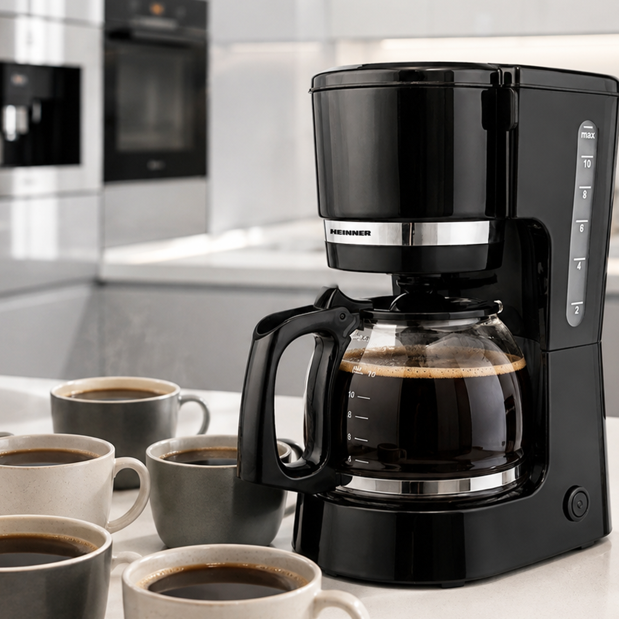 A black coffee maker with a full glass pot stands on a white counter, surrounded by five filled coffee mugs.