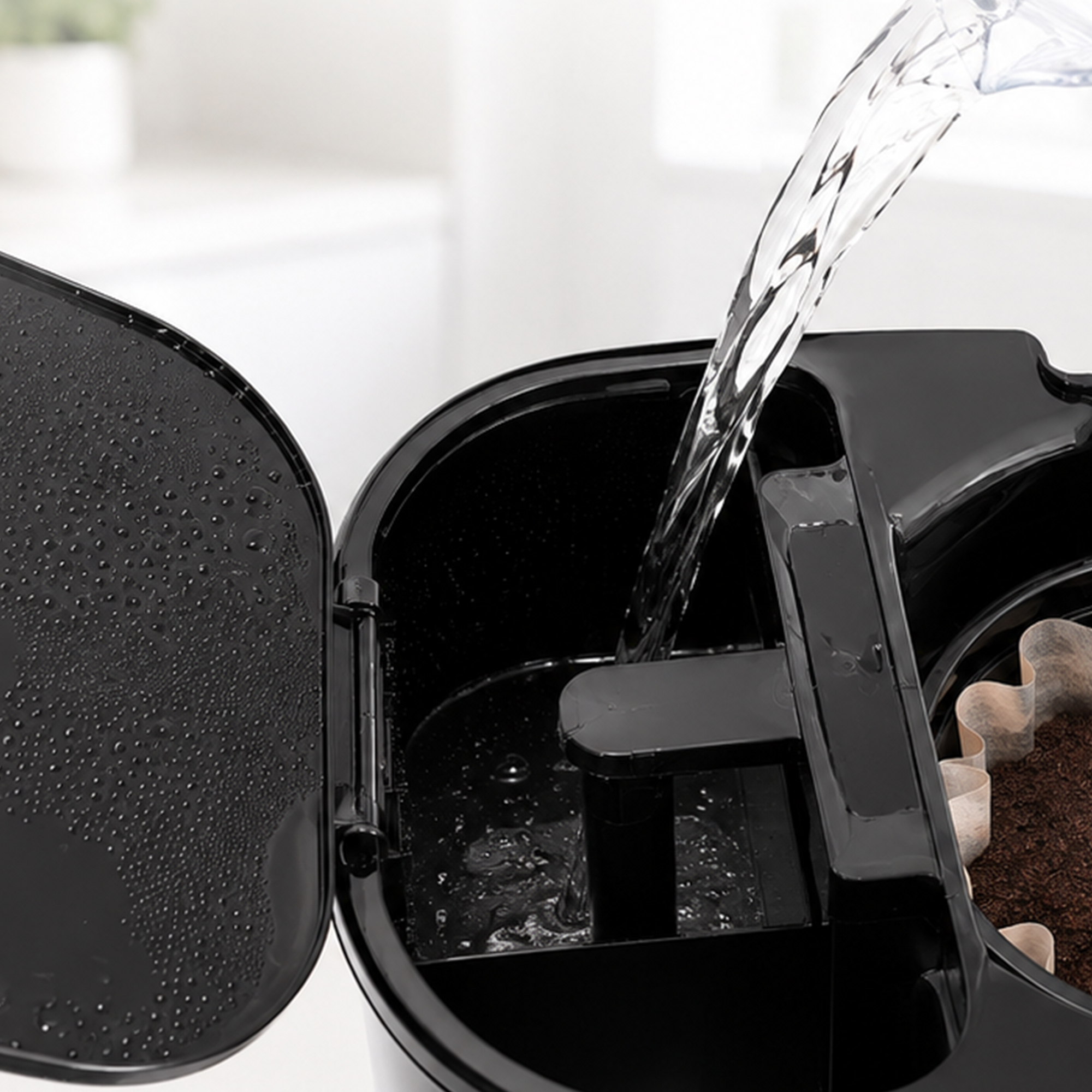 Water is being poured into the water tank of a black coffee maker.