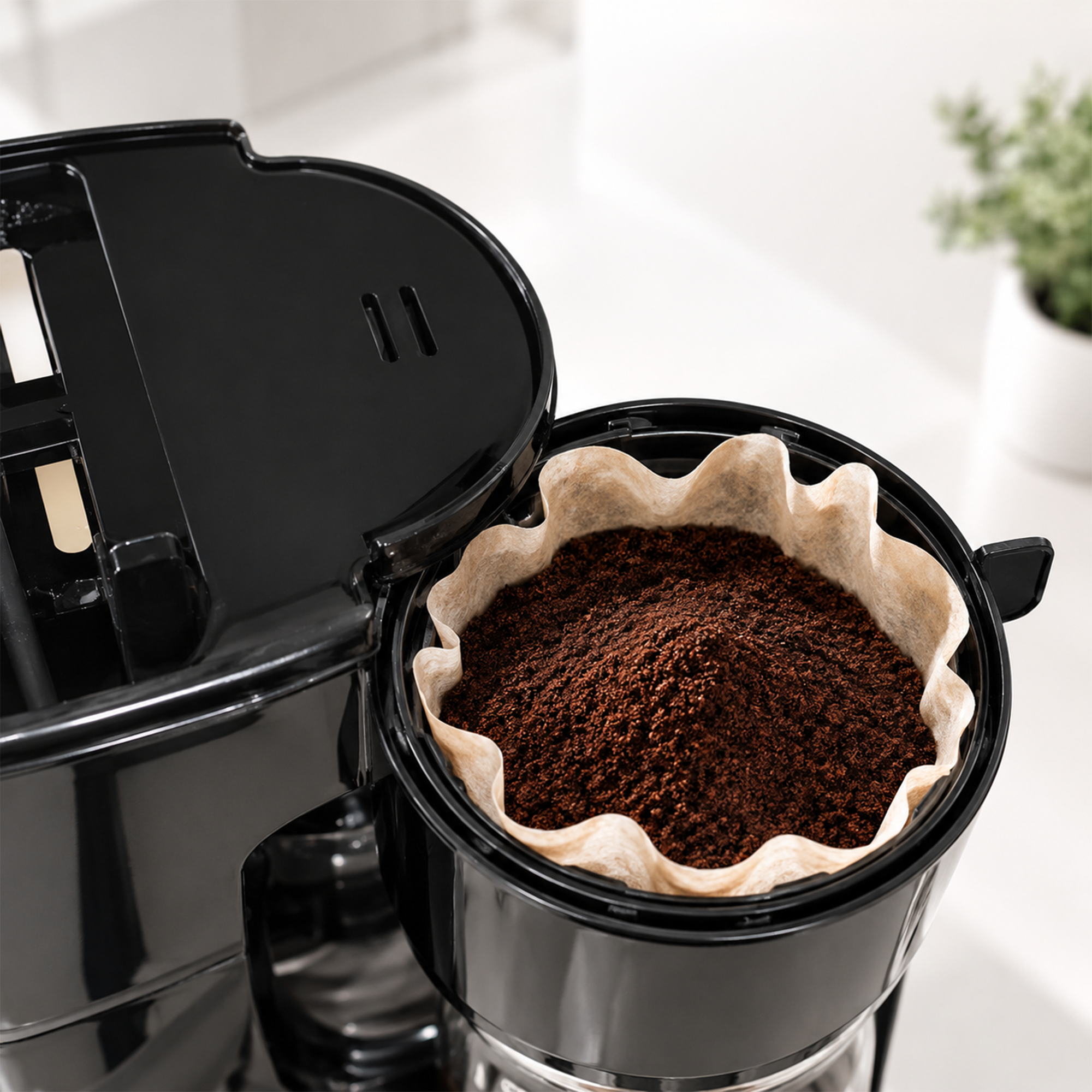 Cafetière noire avec un filtre rempli de café moulu.