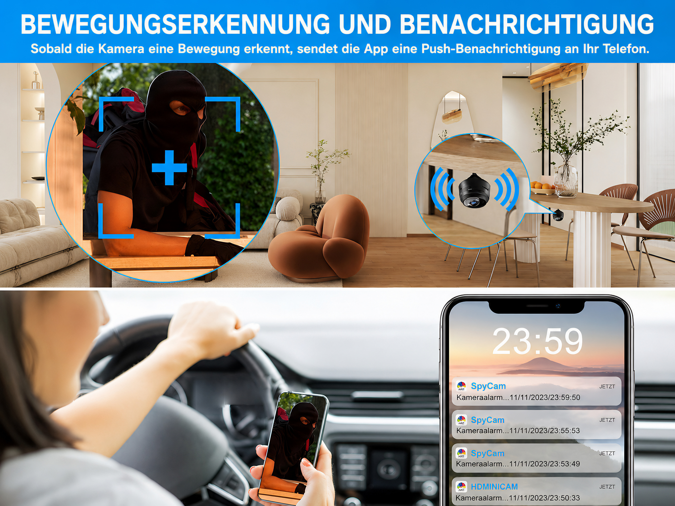 Eine Sicherheitskamera erkennt einen Einbrecher und sendet eine Benachrichtigung ans Smartphone.