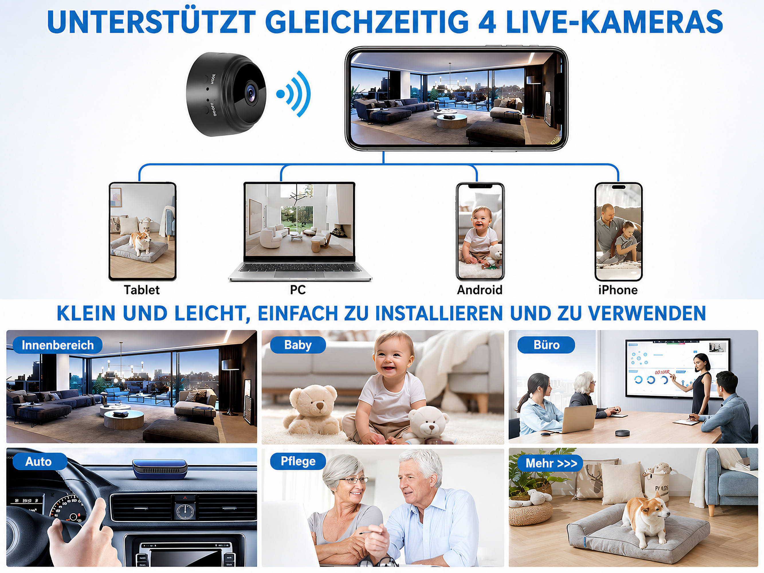 Eine kleine Sicherheitskamera verbindet sich mit Tablet, PC und Smartphones für die Live-Überwachung verschiedener Bereiche.