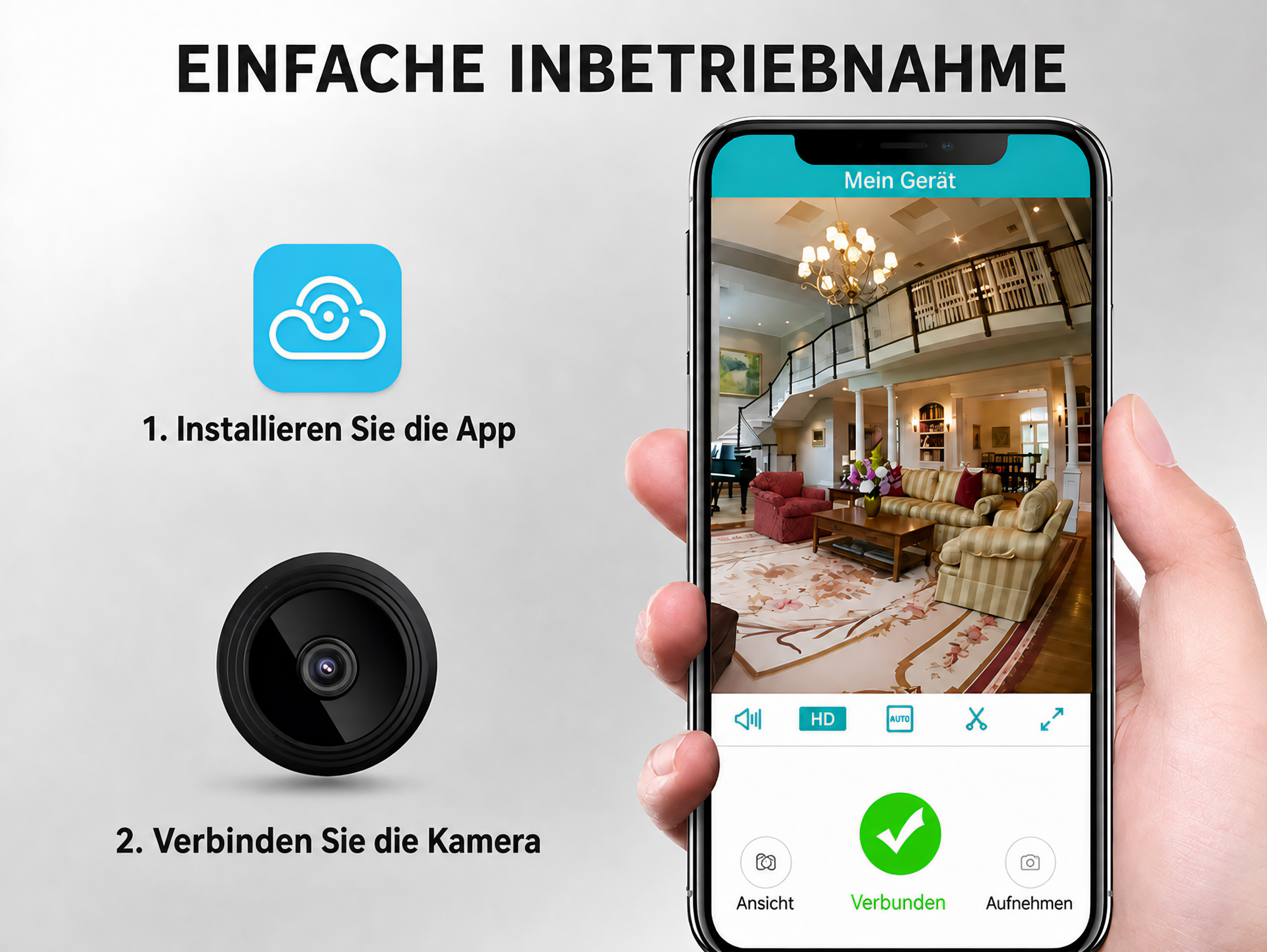 Smartphone in Hand zeigt App-Installation, Kamera und Live-Ansicht eines Wohnzimmers.