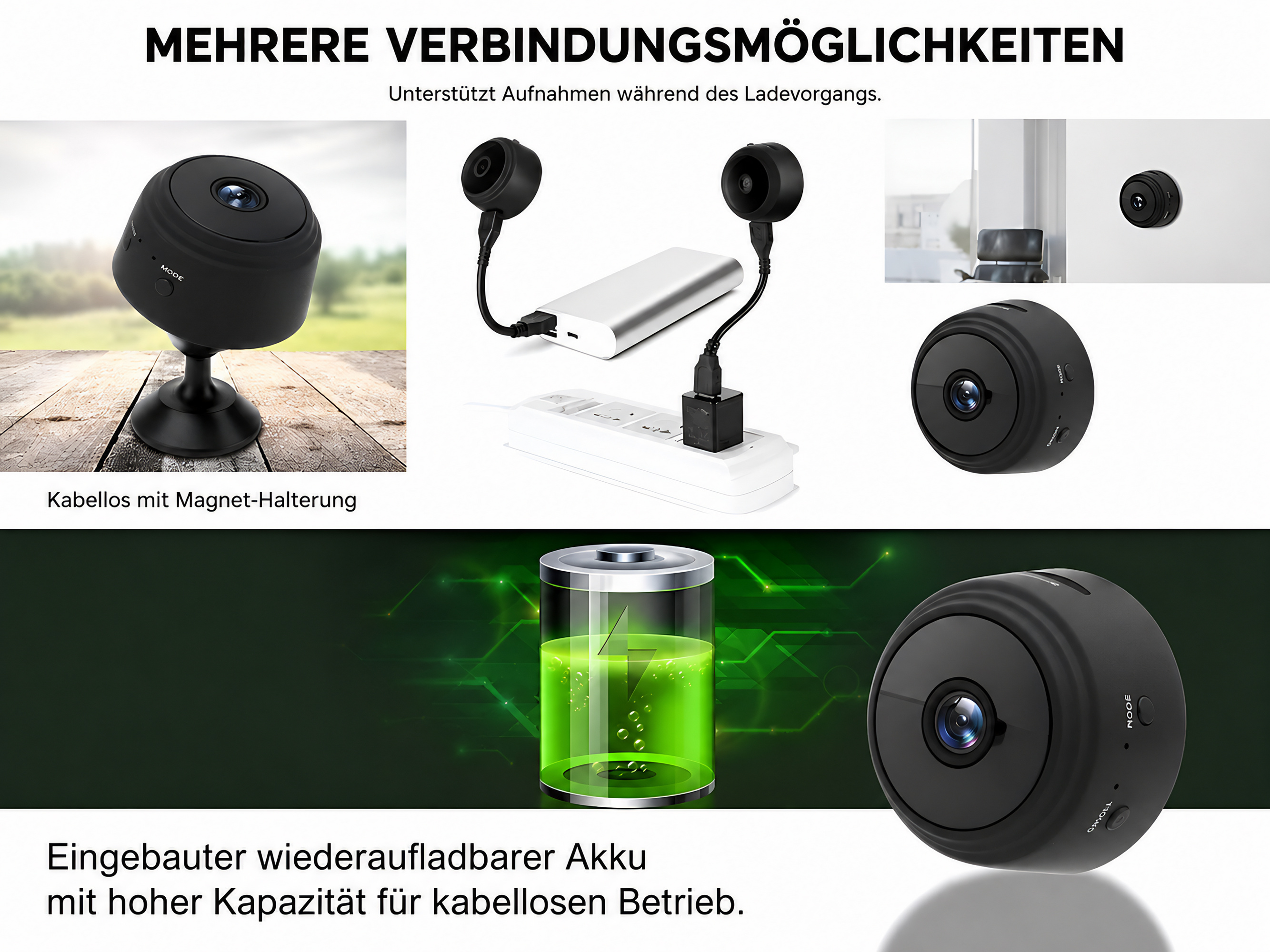 Mehrere Verbindungs- und Lademöglichkeiten für die kleine schwarze Überwachungskamera mit Akku.