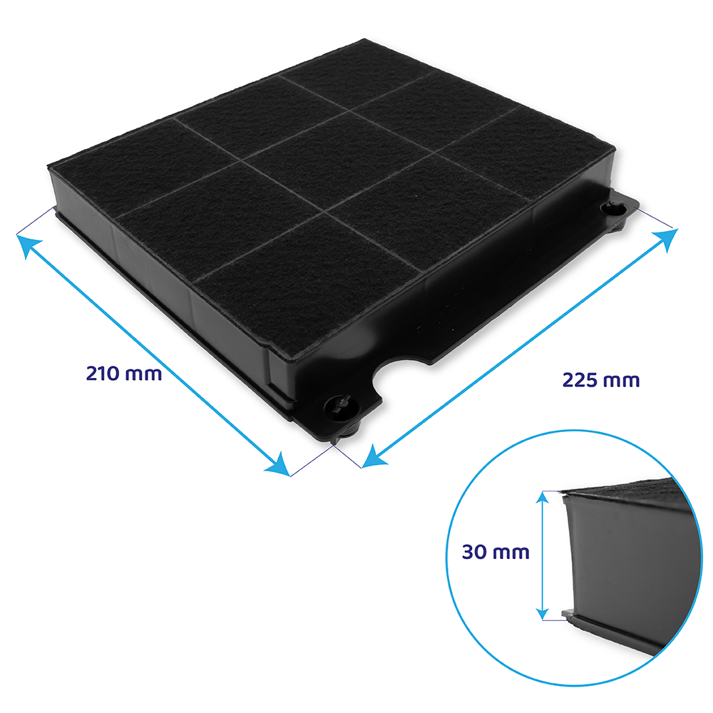Kwadratowy czarny filtr węglowy o wymiarach: szerokość 210 mm, długość 225 mm i grubość 30 mm.