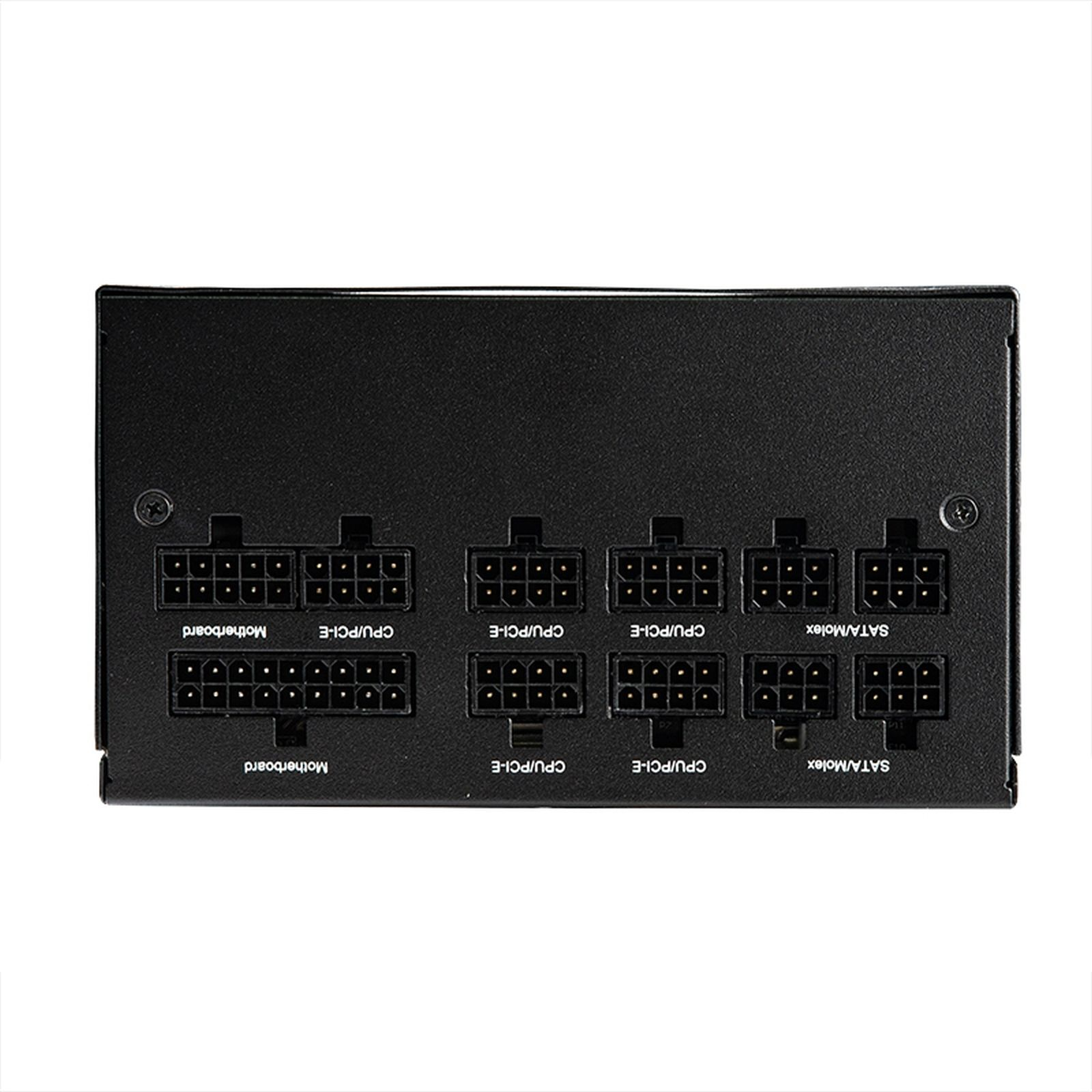 Achterpaneel van een zwarte modulaire pc-voeding met gelabelde poorten voor moederbord, CPU, PCI-E en SATA/Molex.